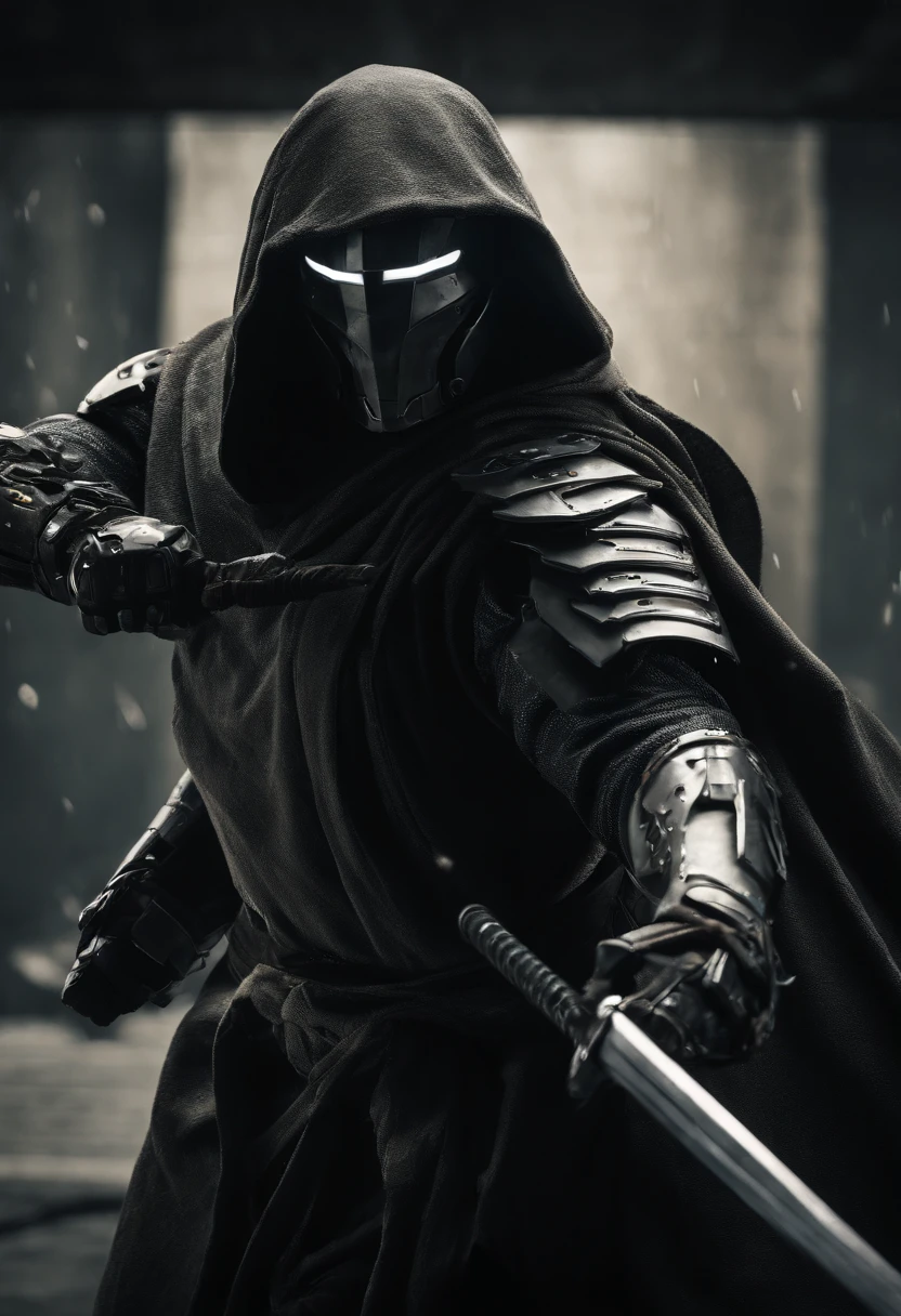 Craft an intense portrayal of a feared AI robot renowned for its agility and mastery of Jujitsu. Visualize the robot wearing a torn, dirty, and old hooded cape, adding an ominous layer to its menacing presence. Depict the robot wielding a laser katana with precision, the gleaming blade cutting through the darkness. Capture the essence of fear through dynamic poses, emphasizing the lethal combination of advanced technology and martial prowess. The torn cape should billow dynamically, conveying a sense of battle-worn resilience. This detailed prompt seeks to inspire an evocative representation of a formidable AI warrior, seamlessly blending agility, martial arts skill, and futuristic weaponry. Add mechanical wings