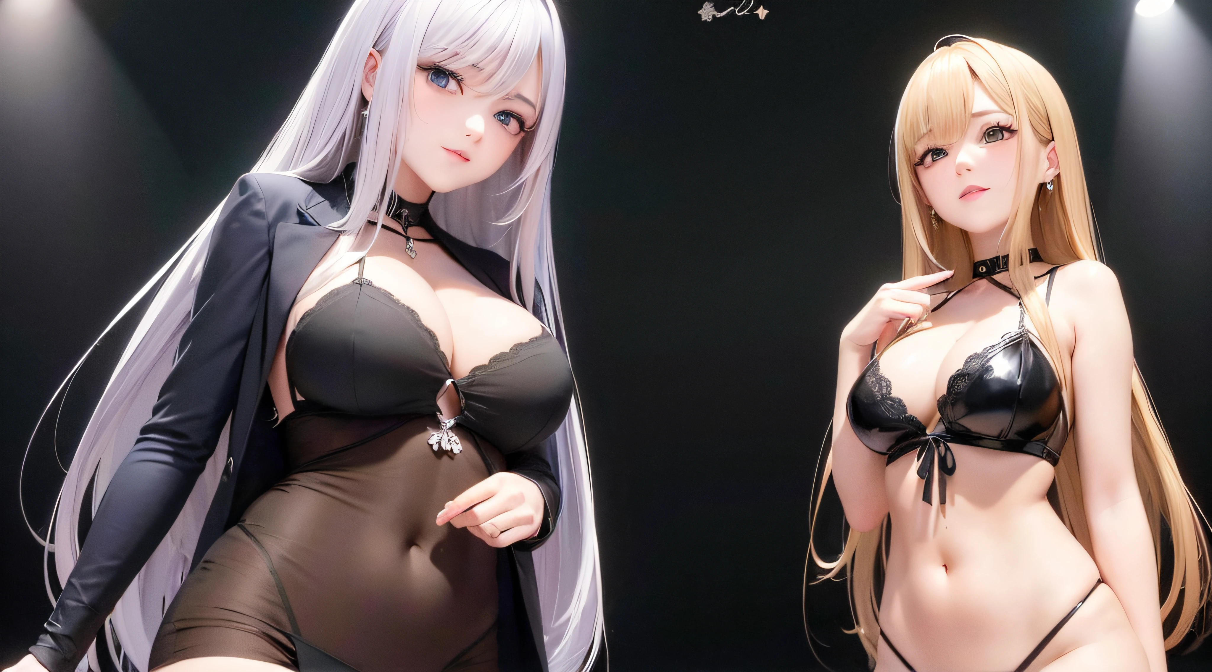 (obra prima) (perfection) (ultrarealista) (sem defeitos) casal de anime, cabelos ruivos, seios grandes, lindas, noite, festa, pose provocativa