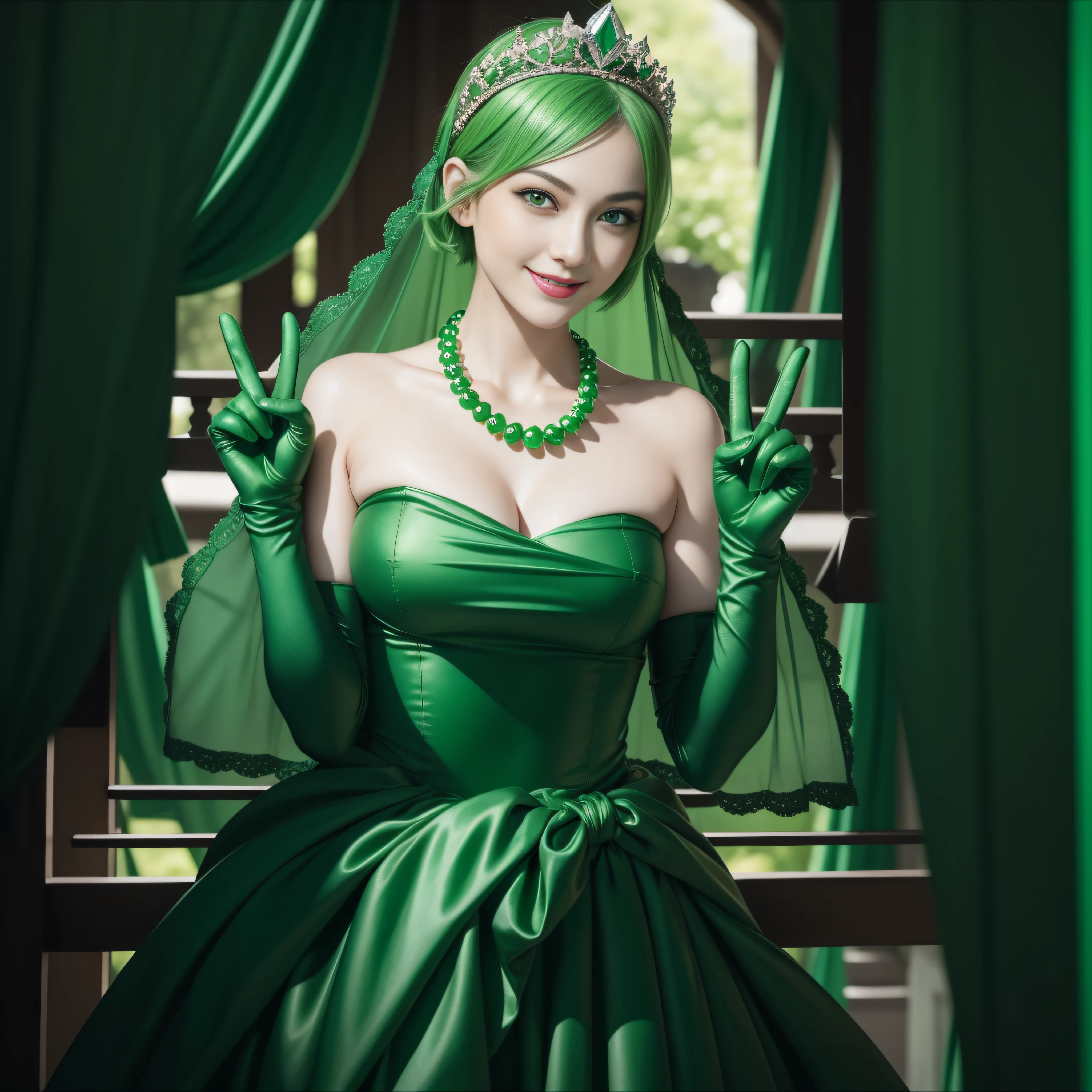 emerald tiara, Green Pearl Necklace, Boyish very short green hair, lipsticks, Japan woman smiling, very short short hair, big breasts beautiful, Green eyes, Long green gloves made of satin material, Green eyes, v sign, Double peace