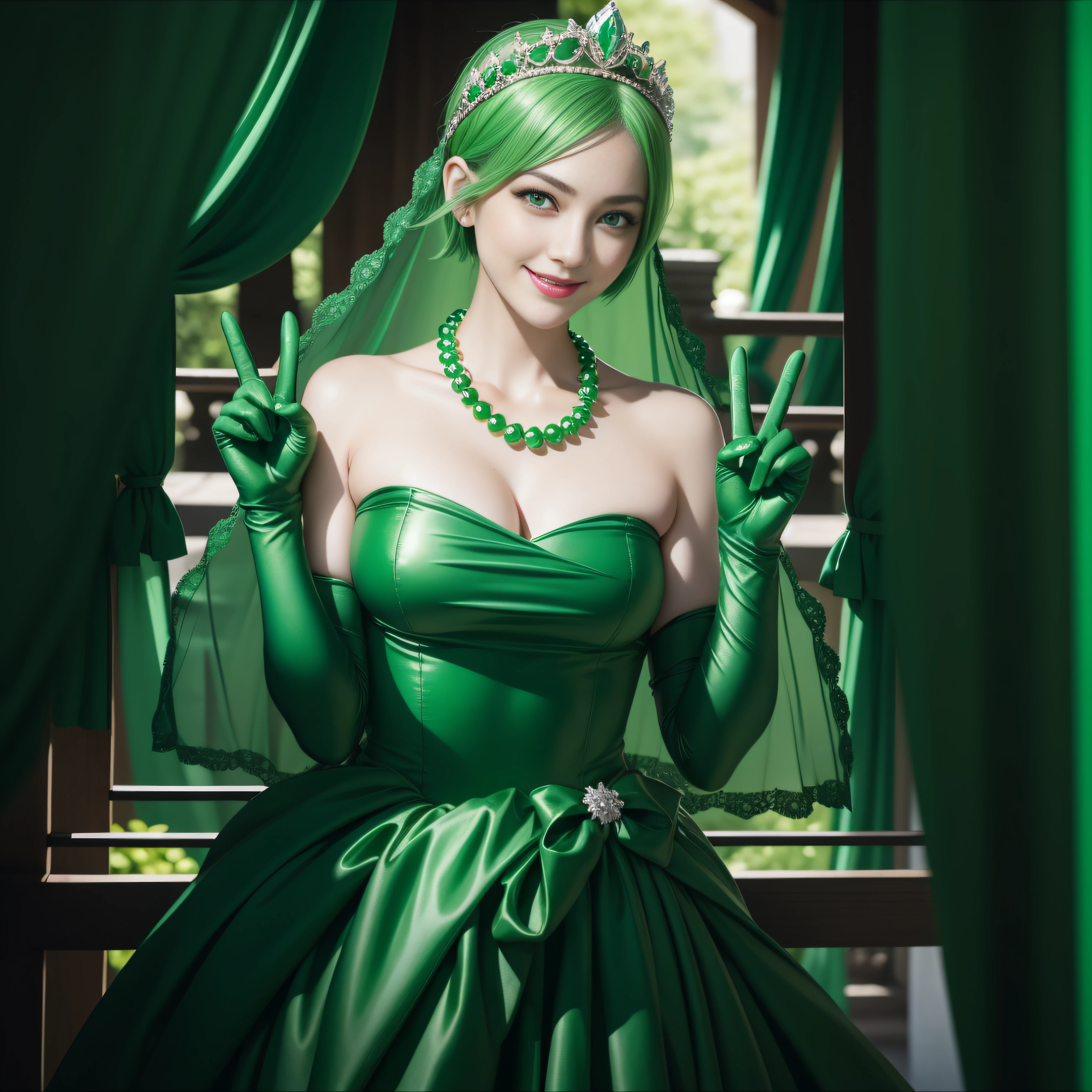 emerald tiara, Green Pearl Necklace, Boyish very short green hair, Green Lips, Smiling Japanese woman, Very short hair, Busty beautiful lady, Green Eyes, Green satin long gloves, Green Eyes, Emerald Earrings, Green veil, V sign, Green Hair, Beautiful Japanese Woman, green lip gloss