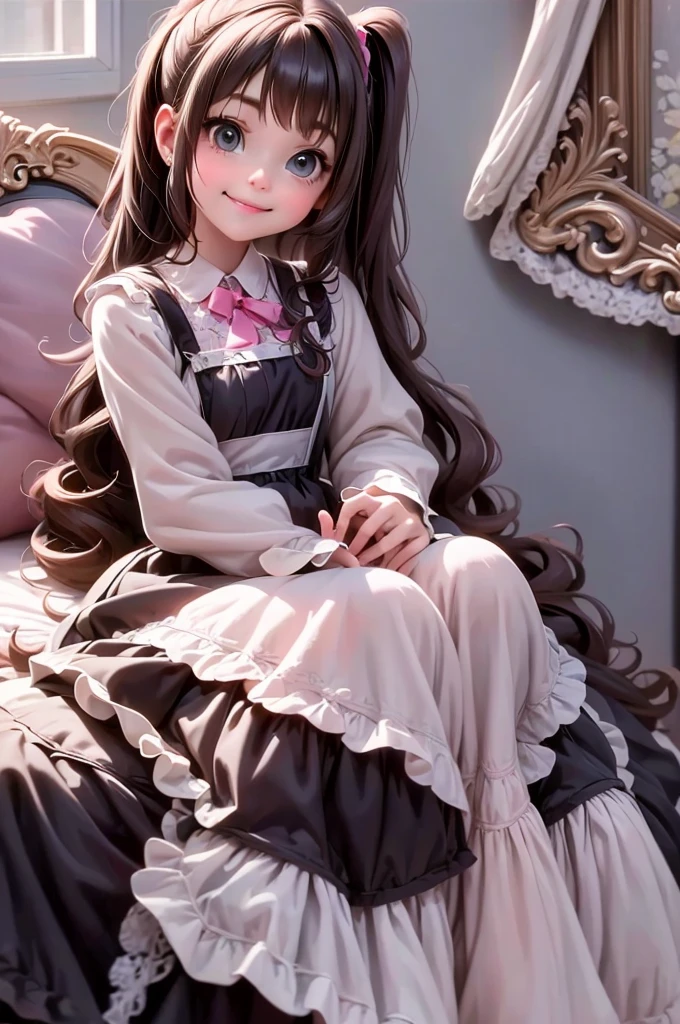 masterpiece, best quality, a cute girl smiling in a cute girl's room, on her bed, Gothic lolita dress, leaning on a cushion, sfw