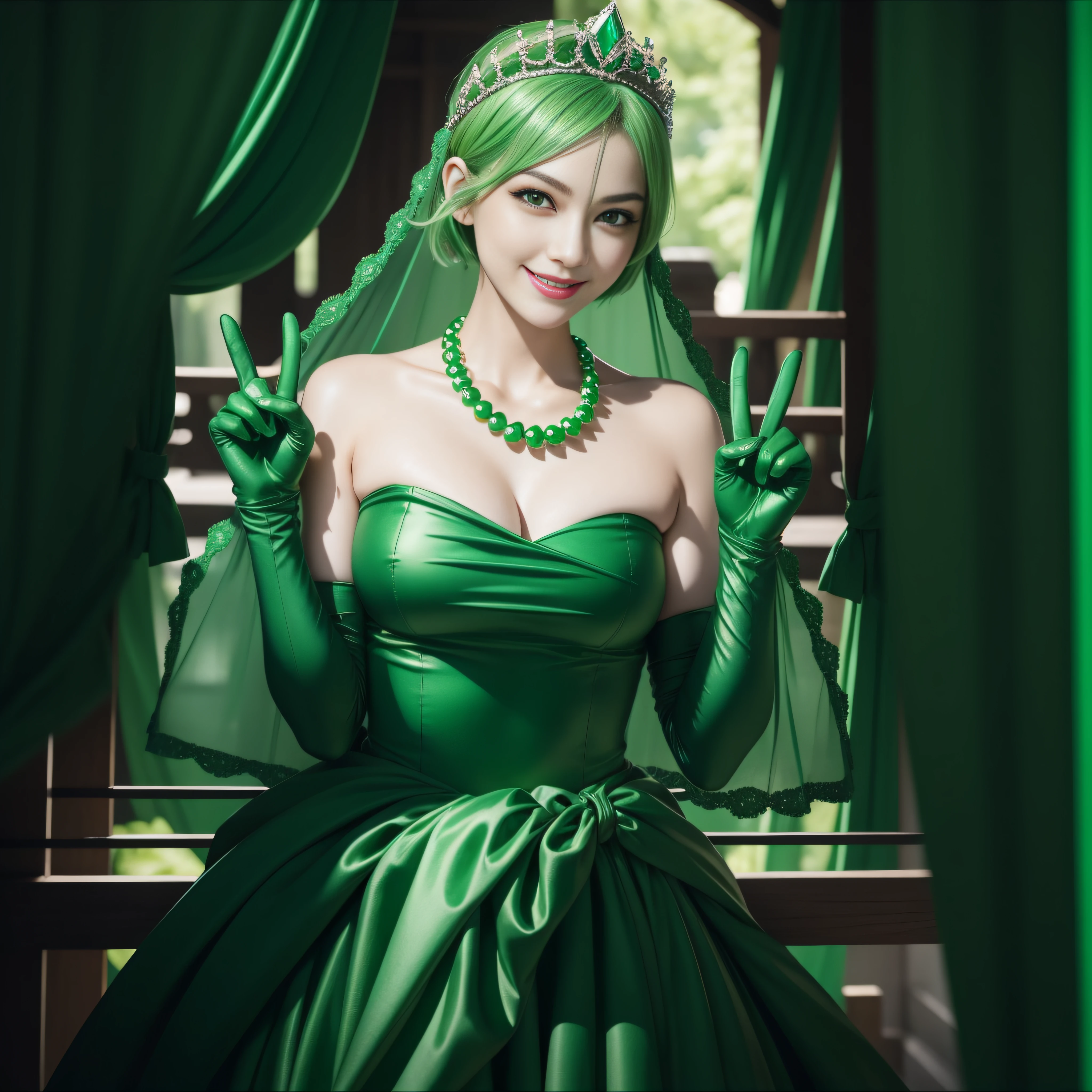 emerald tiara, Green Pearl Necklace, Boyish very short green hair, lipsticks, Japan woman smiling, very short short hair, big breasts beautiful, Green eyes, Long green gloves made of satin material, Green eyes, v sign, Double peace