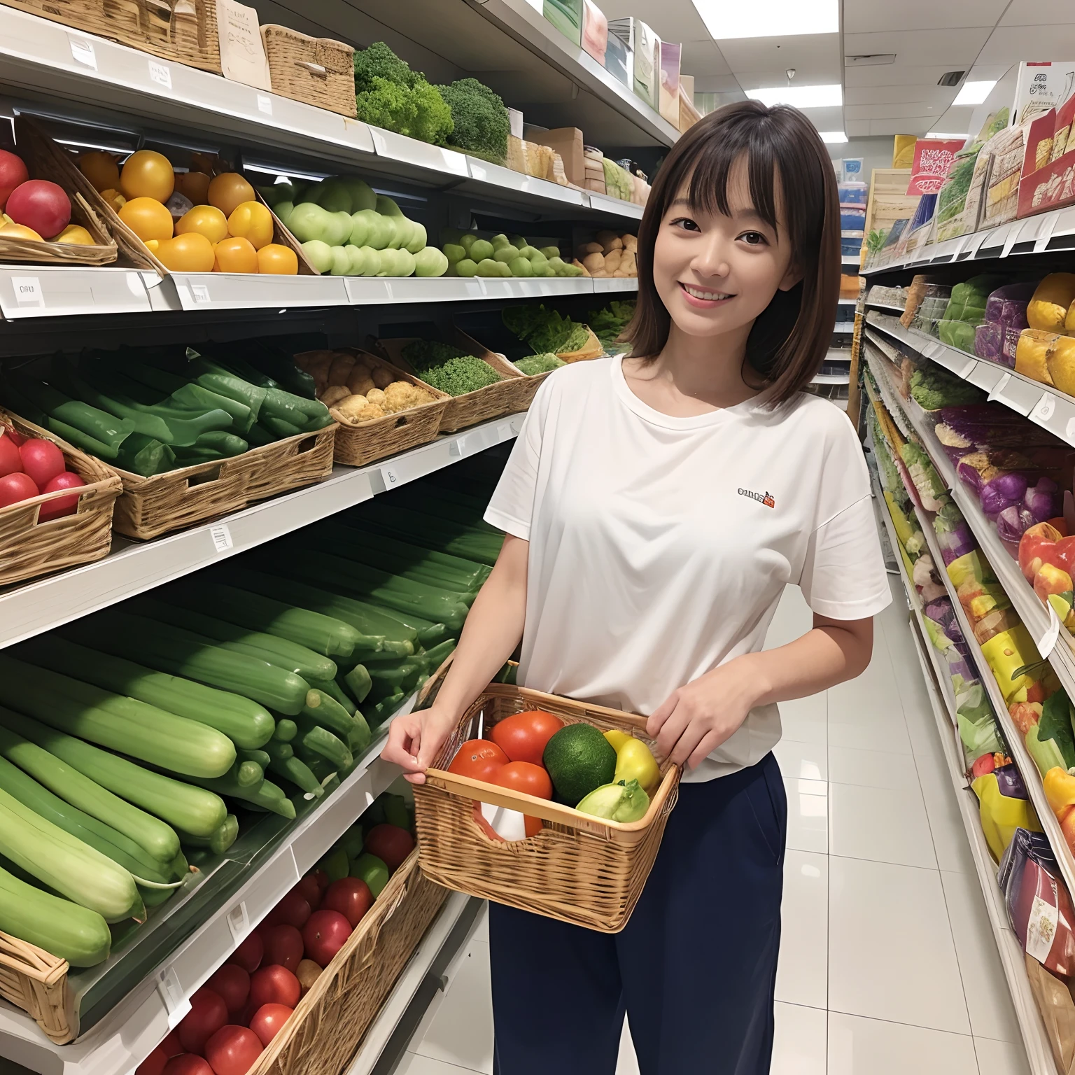 ((masuter piece, Best Quality, 8K Wallpapers)), (Supermarket interior、Stand in front of the shelf),((1Beautifulwoman))、white t-shirts、navy pants、Emphasize body lines、Stand in the aisle in front of the shelf、Natural Passage、The Perfect Passage、Stand in the aisle between the shelves、The shelves are lined with vegetables、Vegetable shelf、The passage is reserved for people to walk、Realistic vegetables、Pick up 1 vegetable、Smile looking at the camera、long、A detailed face、face perfect、Award-winning works、美丽的面容