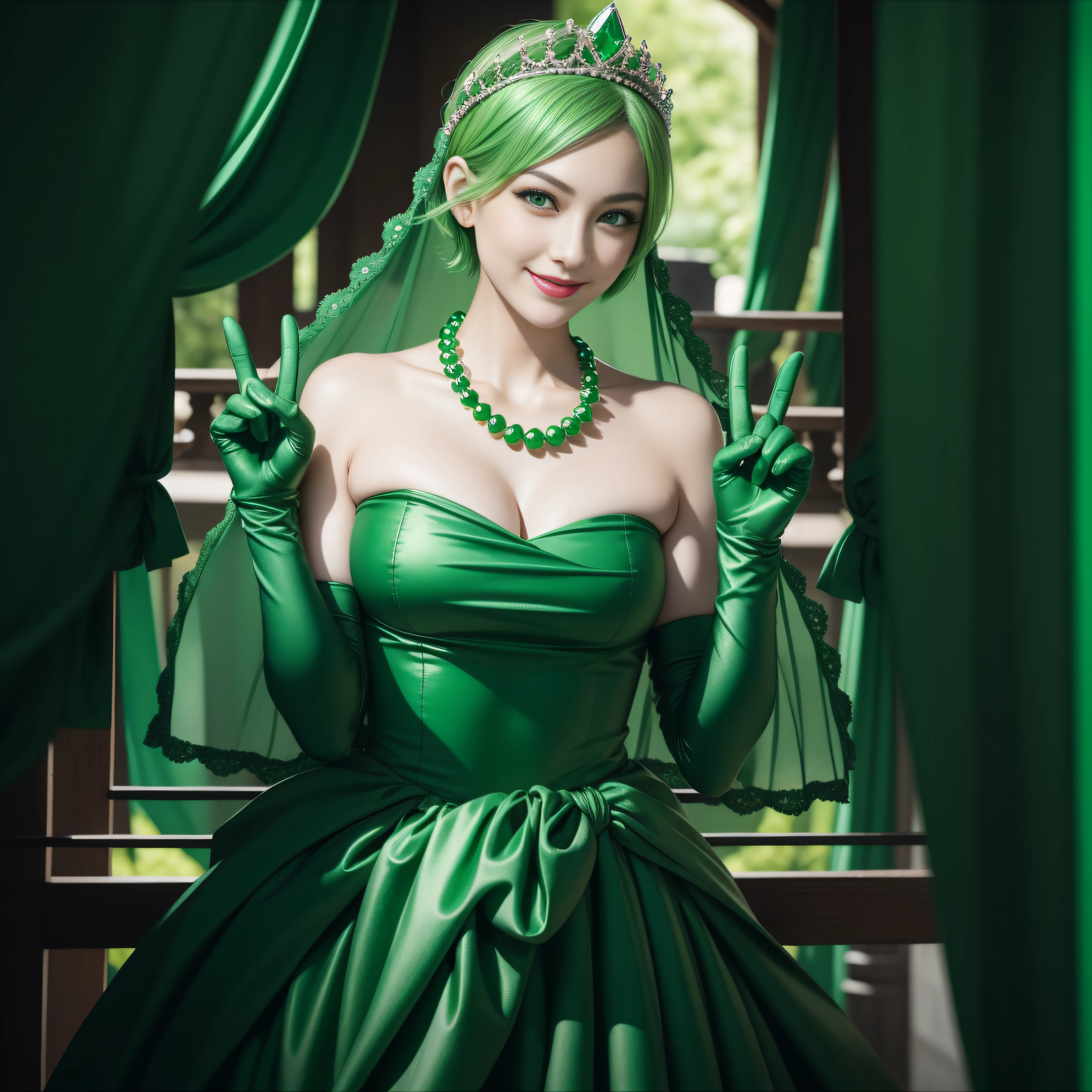 Emerald tiara, Green Pearl Necklace, Boyish very short green hair, lipstick, Smiling Japanese woman, Very short hair, Big and beautiful, Green Eyes, Long green satin gloves, Green Eyes, V sign, Emerald Earrings, Green veil, peace sign, 30-year-old female, Bride in her 30s
