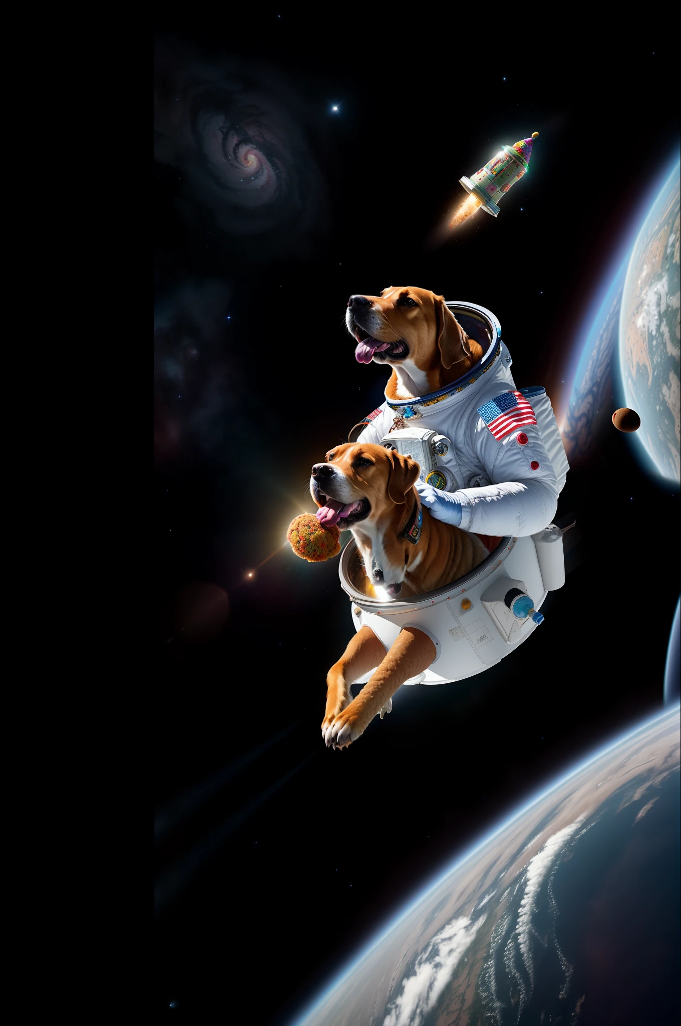 Psychedelic rendition of a rodesian ridgeback and a full astronaut soup, floating in space, eating the ice cream cone.