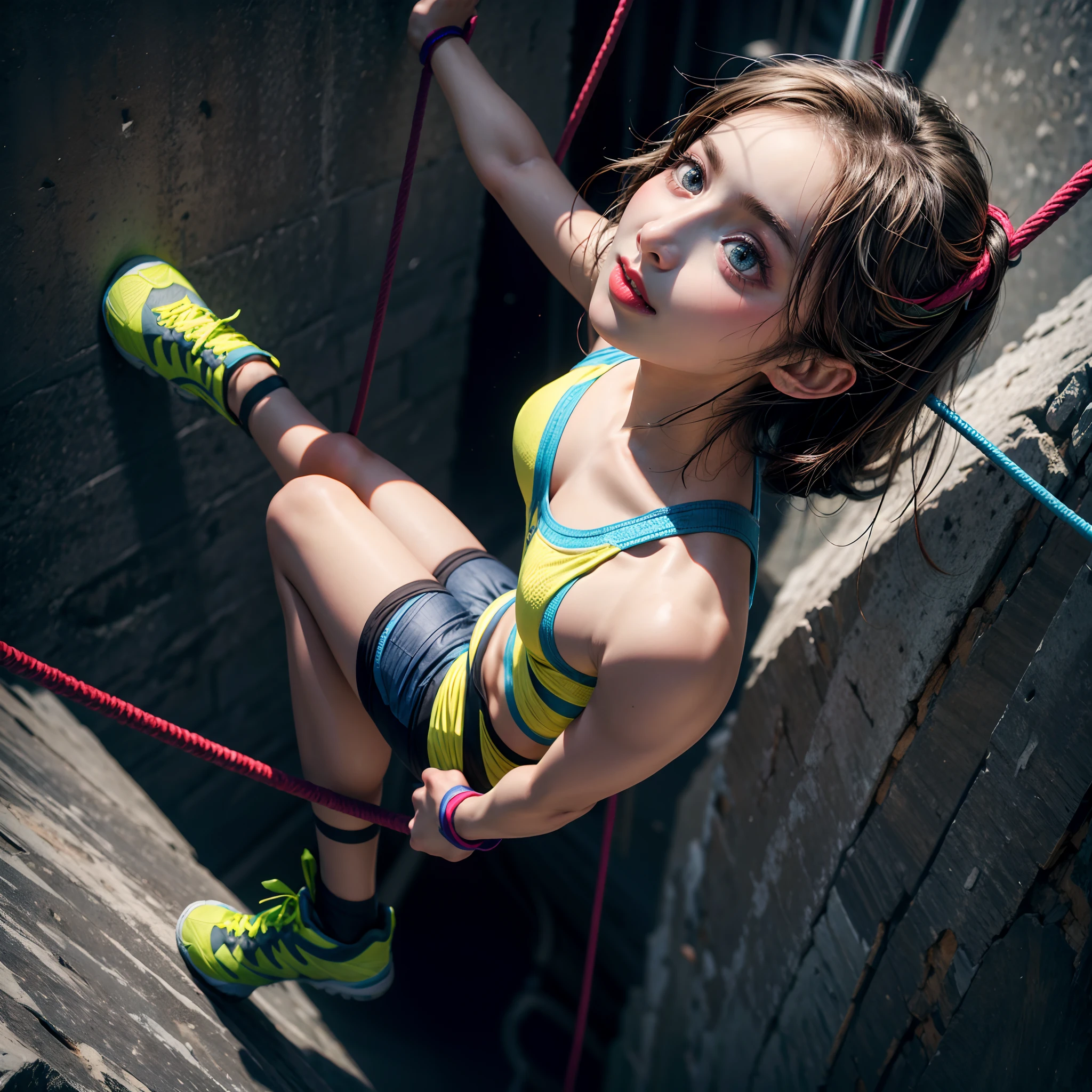 (best quality,ultra-detailed),portraits,climbing girl,Ai mori,sports climbing, looking up top hold, heel hook,very cute,vivid colors,studio lighting,sharp focus