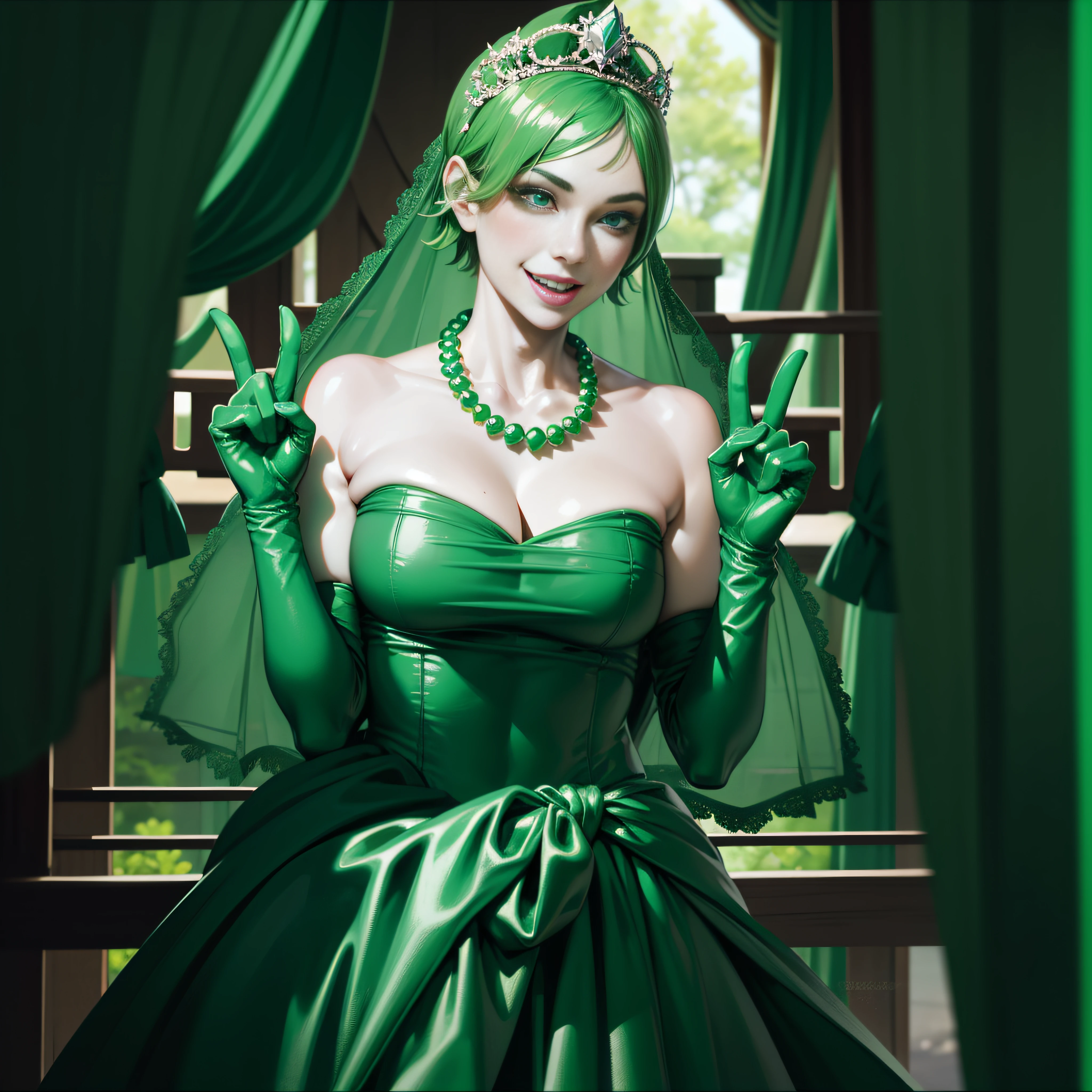 Emerald tiara, Green Pearl Necklace, ボーイッシュな非常に短いGreen Hair, Green Lips, Smiling Japanese woman, Very short hair, Busty beautiful lady, Green Eyes, Green satin long gloves, Green Eyes, Emerald Earrings, Green veil, all, Green Hair, Beautiful Japanese Women, green lip gloss