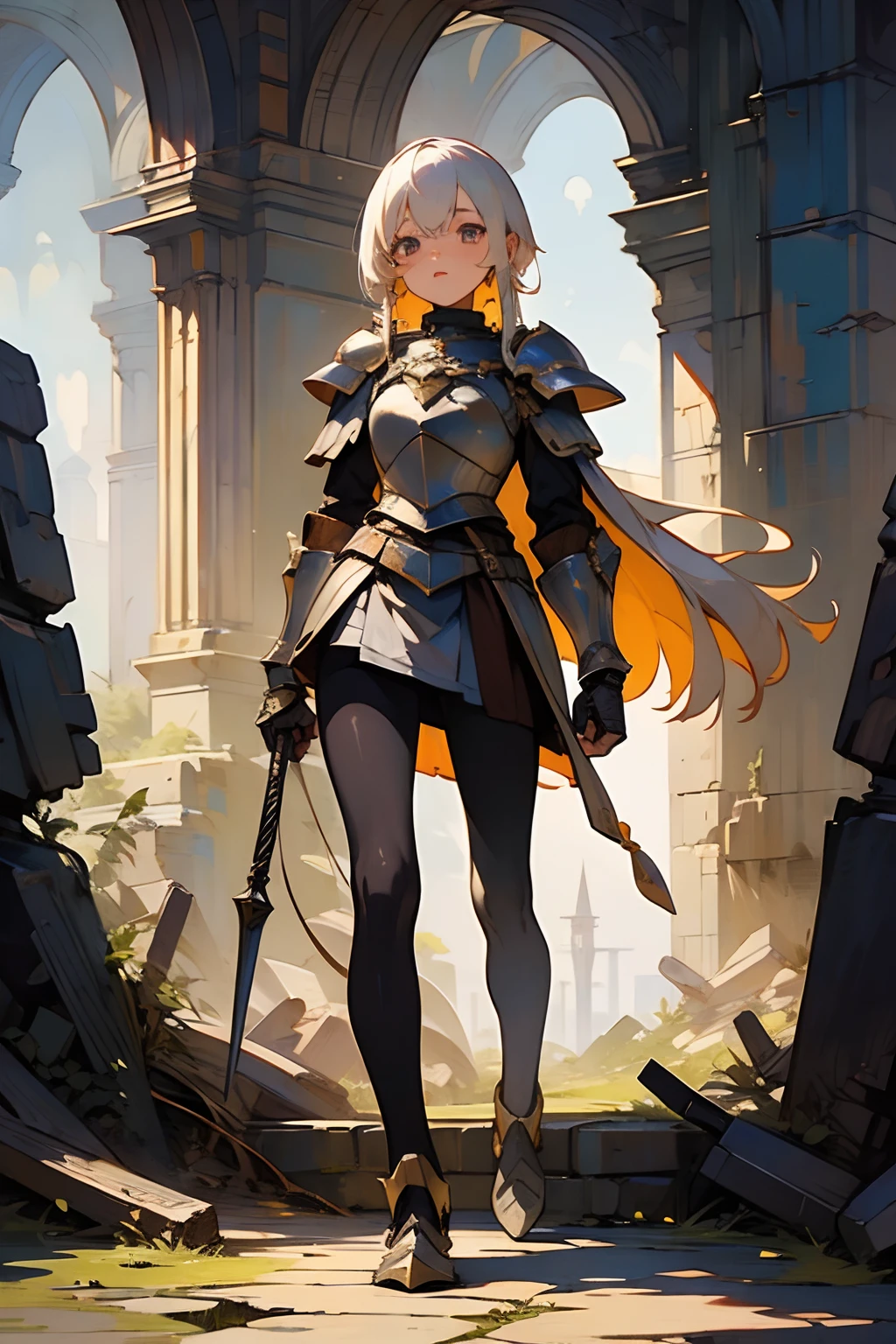 (((masterpiece))), (((best quality))), ((ultra-detailed)), (cinematic lighting), (illustration), (beautiful detailed eyes), (2girls), full body, space, knight, armour, light hair, skirt, walking, ruins, (masterpiece, 2girls A and B), best quality, expressive eyes, perfect face, Girl A: (blonde hair, long hair, wearing skirt, black pantyhose, armour), Girl B: (white hair, short hair, jumpsuit, armour),