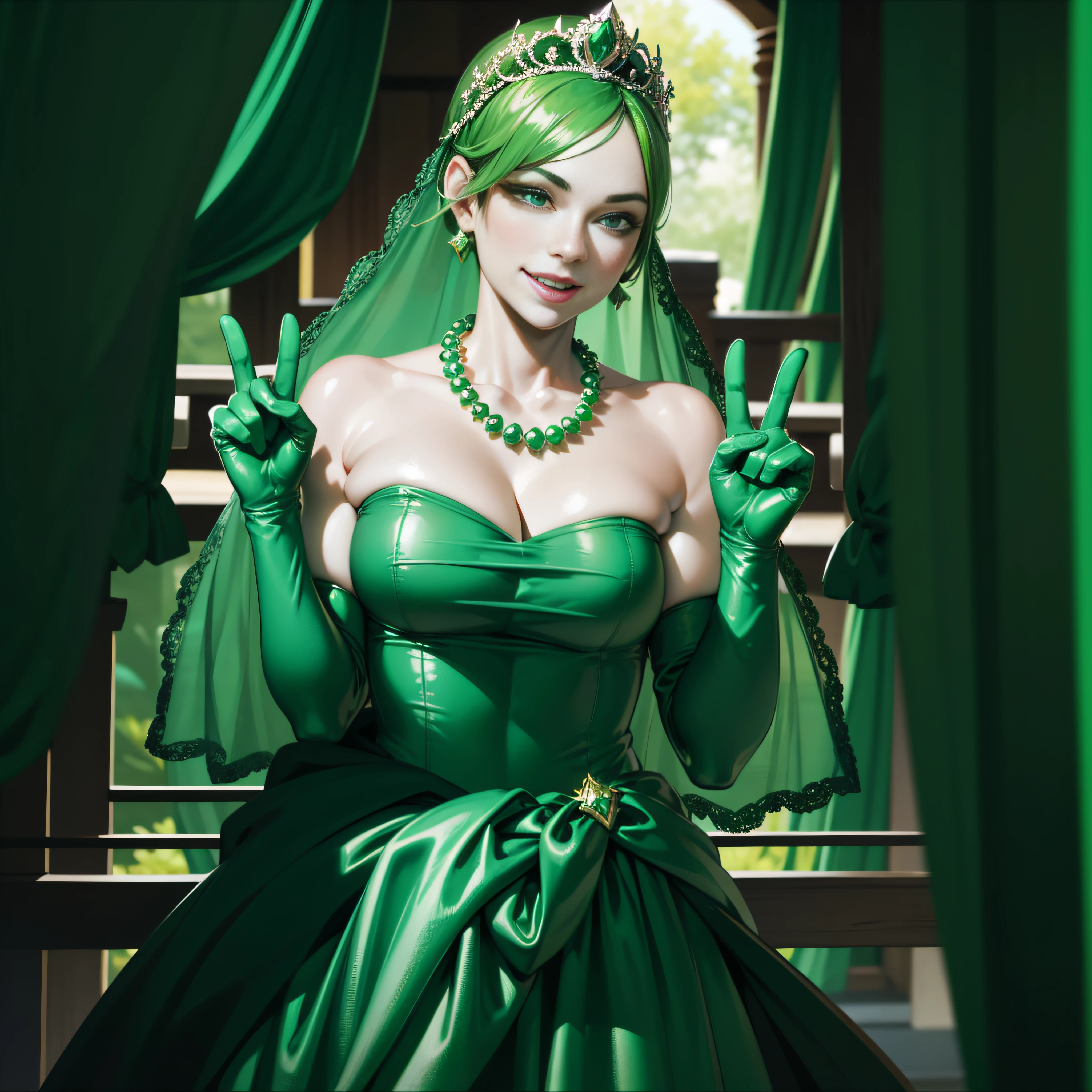 emerald tiara, Green Pearl Necklace, Boyish very short green hair, lipsticks, Japan woman smiling, very short short hair, ??????????? beautiful, Green eyes, Long green gloves made of satin material, Green eyes, v sign, Double peace