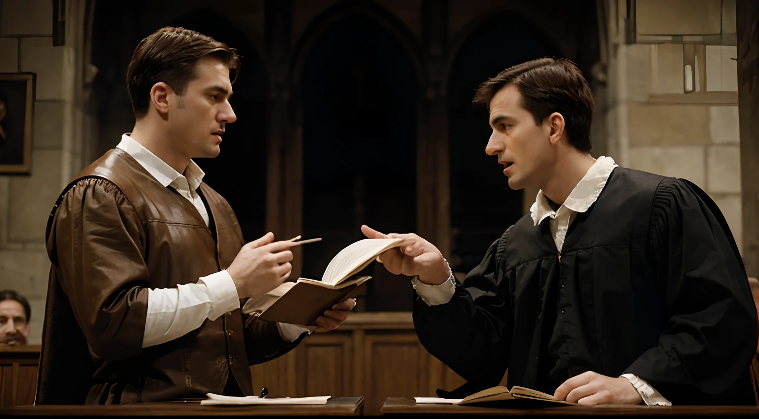 Two men arguing in the British court in the 16th century