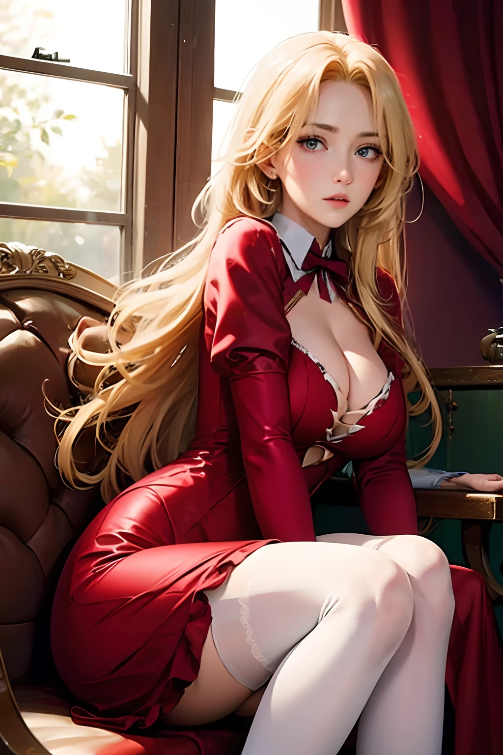 Erica Blundelli | sample!, Blonde woman in red dress and white stockings