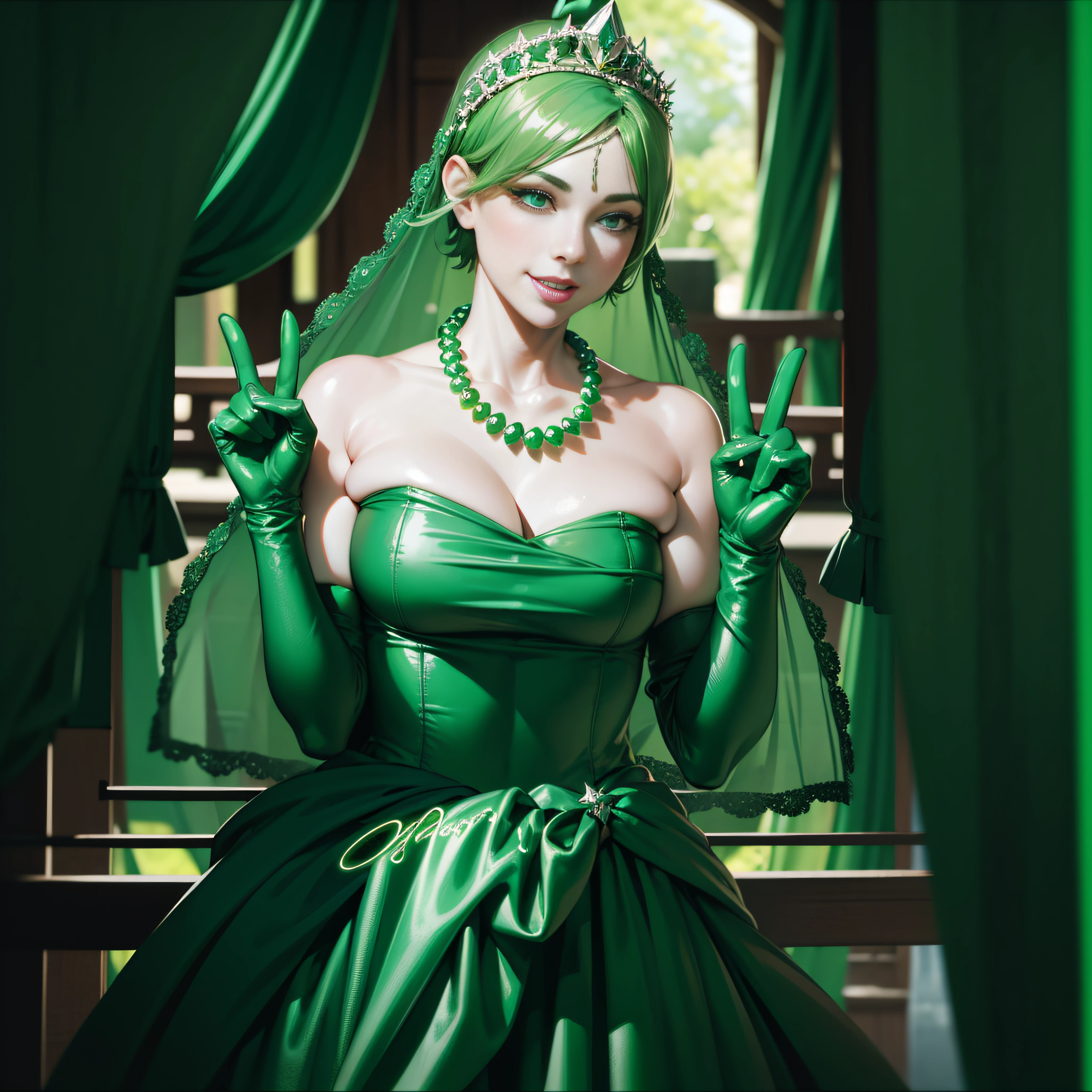 emerald tiara, Green Pearl Necklace, Boyish very short green hair, lipsticks, Japan woman smiling, very short short hair, big breasts beautiful, Green eyes, Long green gloves made of satin material, Green eyes, v sign, Double peace