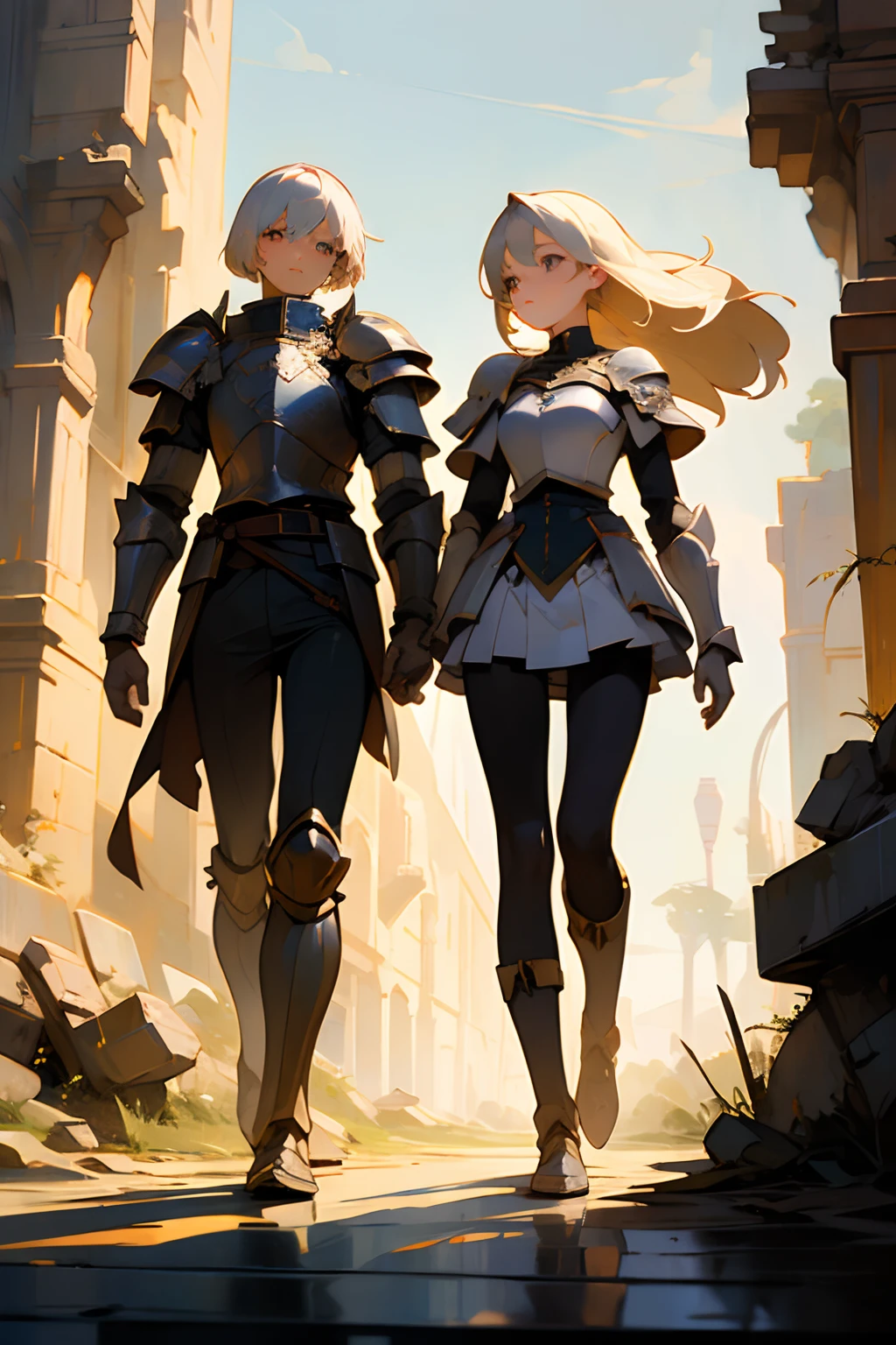 (((masterpiece))), (((best quality))), ((ultra-detailed)), (cinematic lighting), (illustration), (beautiful detailed eyes), (2girls), full body, space, knight, armour, light hair, skirt, walking, ruins, (masterpiece, 2girls A and B), best quality, expressive eyes, perfect face, Girl A: (blonde hair, long hair, wearing skirt, black pantyhose, armour), Girl B: (white hair, short hair, jumpsuit, armour),