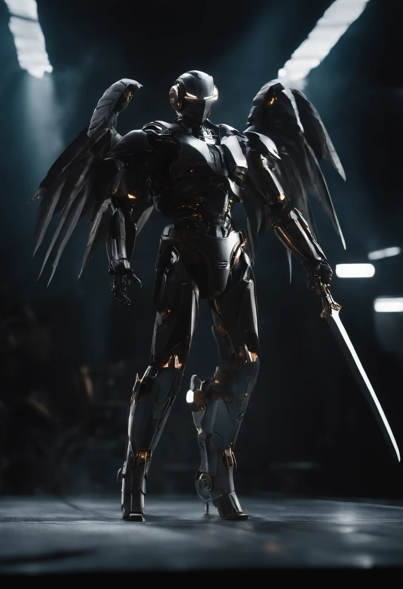 Create a riveting image of a feared AI robot, renowned for its agility and mastery of Jujitsu. Envision the robot donning a torn, dirty hooded cape, instilling a sense of ominous prowess. Picture mechanical fallen angel wings emerging from its back, a fusion of celestial design and futuristic machinery. The wings should convey both ethereal beauty and battle-worn decay, adding to the robot's mystique.
Detail the robot wielding a laser katana with lethal precision, the gleaming blade cutting through the darkness. Capture dynamic poses that showcase the seamless integration of advanced technology and martial prowess. The torn cape should billow dynamically, emphasizing the robot's battle-worn resilience in the face of its fearsome abilities.
This prompt aims to inspire an evocative representation of a feared AI warrior, where mechanical fallen angel wings accentuate its formidable presence, blending agility, martial arts skill, and futuristic weaponry.