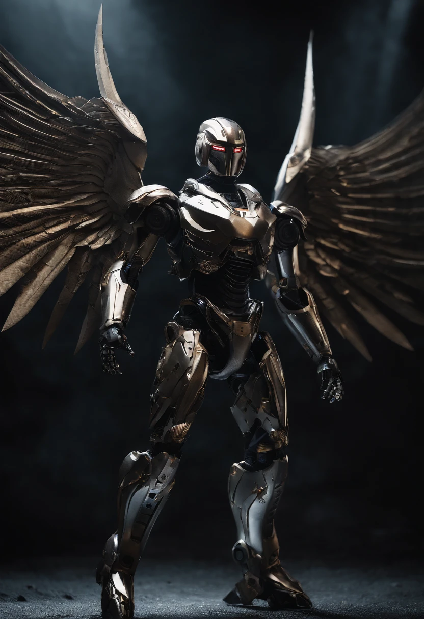 Create a riveting image of a feared AI robot, renowned for its agility and mastery of Jujitsu. Envision the robot donning a torn, dirty hooded cape, instilling a sense of ominous prowess. Picture mechanical fallen angel wings emerging from its back, a fusion of celestial design and futuristic machinery. The wings should convey both ethereal beauty and battle-worn decay, adding to the robot's mystique.
Detail the robot wielding a laser katana with lethal precision, the gleaming blade cutting through the darkness. Capture dynamic poses that showcase the seamless integration of advanced technology and martial prowess. The torn cape should billow dynamically, emphasizing the robot's battle-worn resilience in the face of its fearsome abilities.
This prompt aims to inspire an evocative representation of a feared AI warrior, where mechanical fallen angel wings accentuate its formidable presence, blending agility, martial arts skill, and futuristic weaponry.