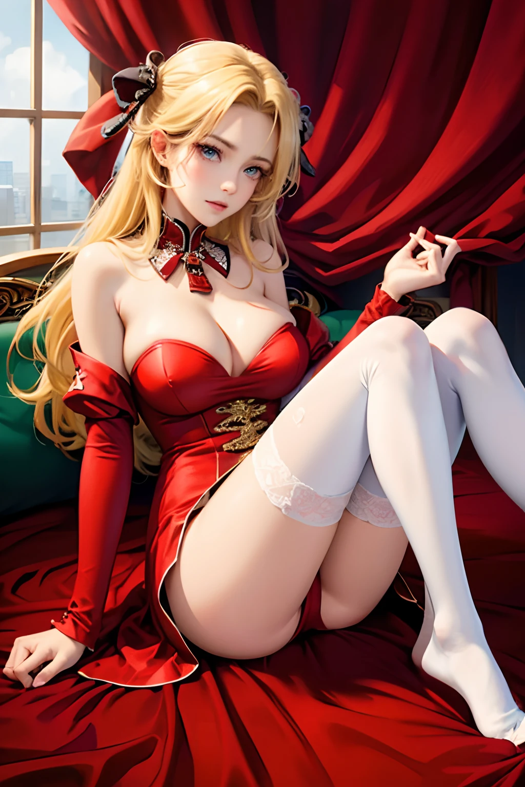 Erica Blundelli, Blonde woman in red dress and white hentai stockings