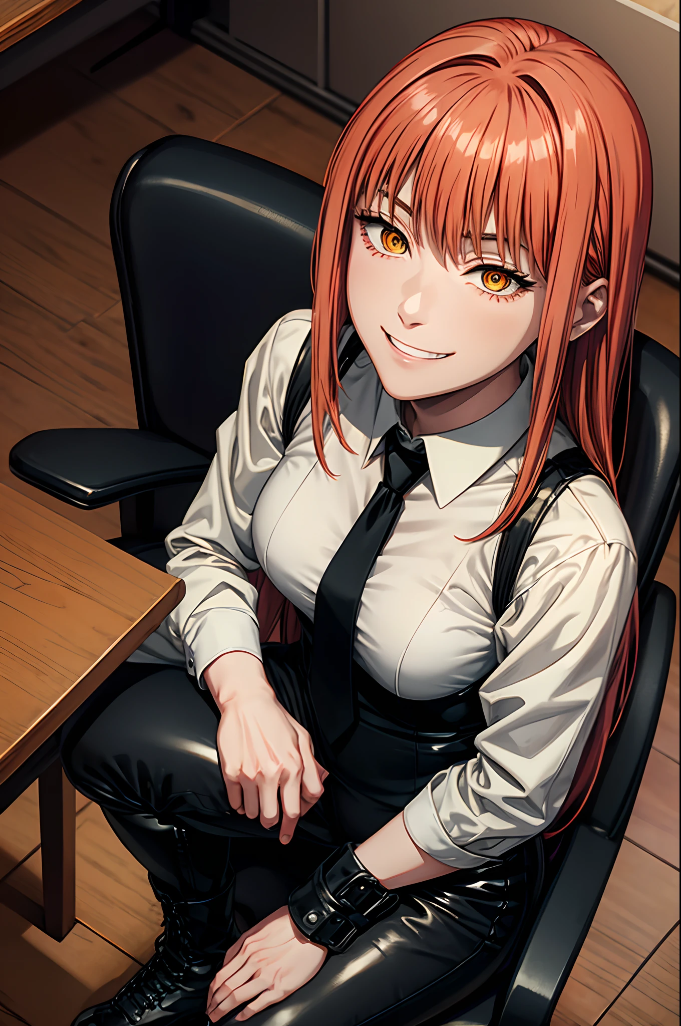 1girl, Makima (Chainsaw Man), beautiful face, detailed face, pretty, orange hair, long hair, tied hair, hair bang, straight hair bang, yellow eyes, detailed eyes, mature woman, mommy, smiling sadistically, evil smile, crazy grin, tie, sitted on chair, black tie, white leotard, office pants, dark gray pants, latex pants, boots, black boots, leather boots, combat boots, boots soles, soles, red light, blood on face, stains of blood on the face