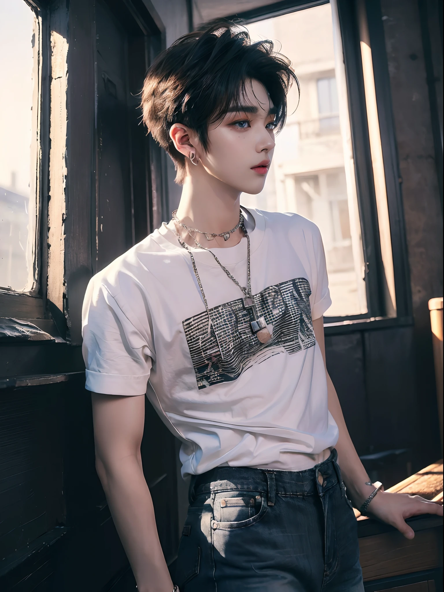 ((4K works))、​masterpiece、（top-quality)、((high-level image quality))、((One Manly Boy))、Slim body、((Attractive and sexy jeans fashion))、((Men's Fashion))、(Detailed beautiful eyes)、In a soundproof room、Record a song、Face similar to Chaewon in Ruseraphim、((short hair above the ears))、((Smaller face))、((Neutral face))、((White hair))、((Brown eyes))、((Korean boy))、((18year old))、((Handsome man))、((sings))、((Korean Makeup))、((elongated and sharp eyes))、((Like a celebrity))、Everyday photography、((Shot alone))、((Shot diagonally from the side))、((Upper body photography))、((He stands in front of the microphone stand))