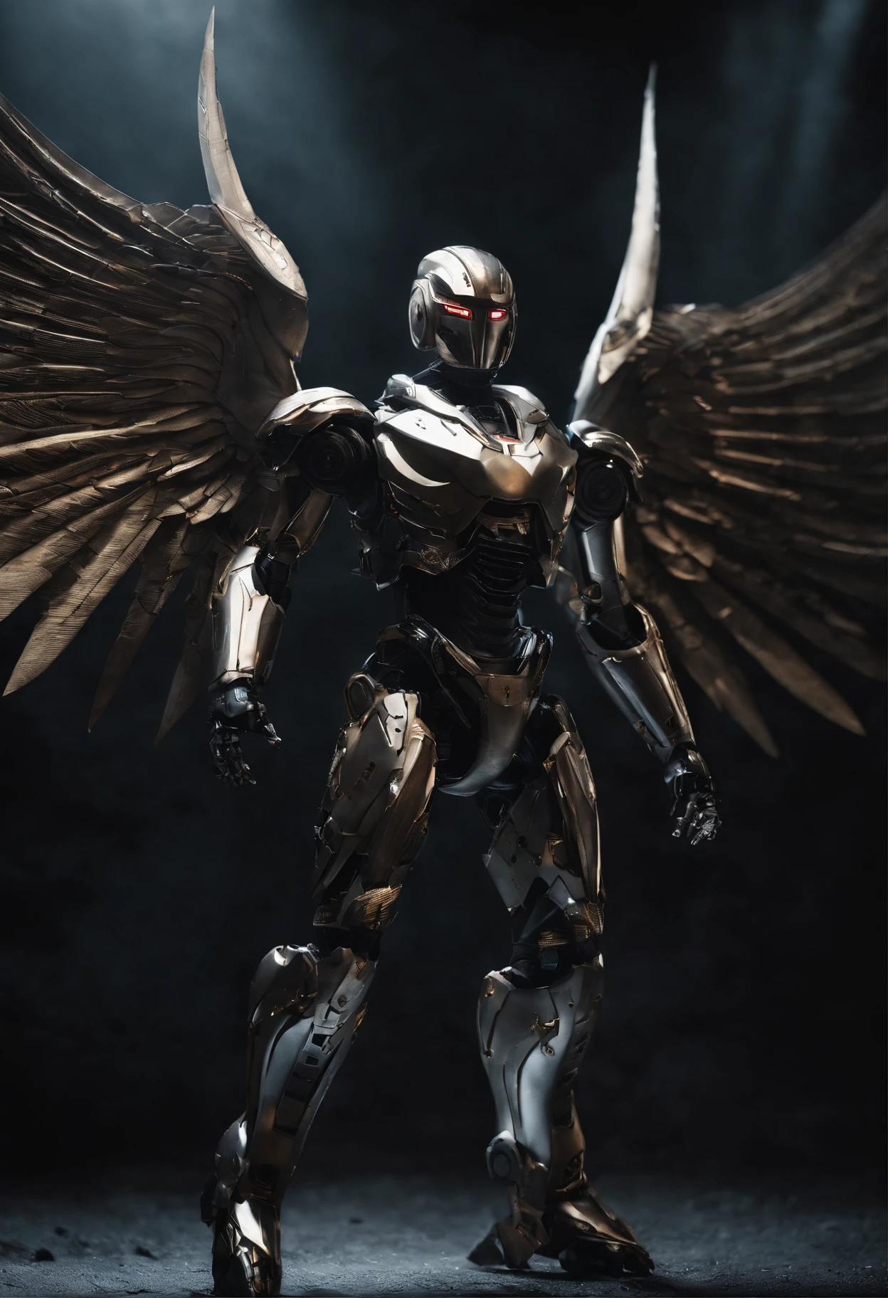 Create a riveting image of a feared AI robot, renowned for its agility and mastery of Jujitsu. Envision the robot donning a torn, dirty hooded cape, instilling a sense of ominous prowess. Picture mechanical fallen angel wings emerging from its back, a fusion of celestial design and futuristic machinery. The wings should convey both ethereal beauty and battle-worn decay, adding to the robot's mystique.

Detail the robot wielding a laser katana with lethal precision, the gleaming blade cutting through the darkness. Capture dynamic poses that showcase the seamless integration of advanced technology and martial prowess. The torn cape should billow dynamically, emphasizing the robot's battle-worn resilience in the face of its fearsome abilities.

This prompt aims to inspire an evocative representation of a feared AI warrior, where mechanical fallen angel wings accentuate its formidable presence, blending agility, martial arts skill, and futuristic weaponry.