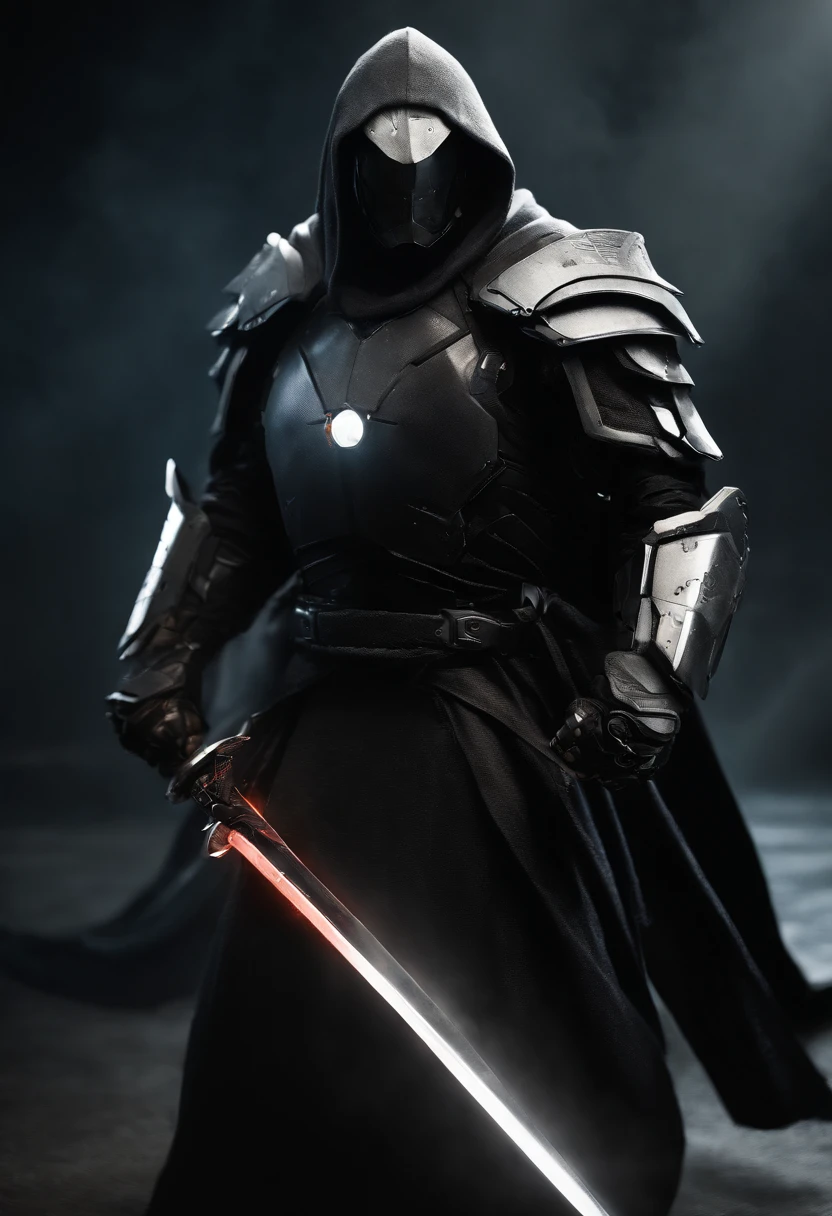 Craft an intense portrayal of a feared AI robot renowned for its agility and mastery of Jujitsu. Visualize the robot wearing a torn, dirty, and old hooded cape, adding an ominous layer to its menacing presence. Depict the robot wielding a laser katana with precision, the gleaming blade cutting through the darkness. Capture the essence of fear through dynamic poses, emphasizing the lethal combination of advanced technology and martial prowess. The torn cape should billow dynamically, conveying a sense of battle-worn resilience. This detailed prompt seeks to inspire an evocative representation of a formidable AI warrior, seamlessly blending agility, martial arts skill, and futuristic weaponry. Add mechanical wings