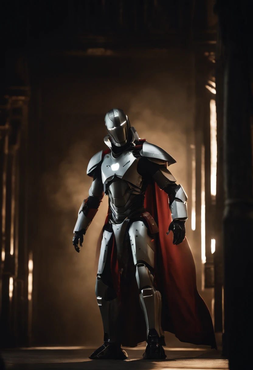 Craft an intense portrayal of a feared AI robot renowned for its agility and mastery of Jujitsu. Visualize the robot wearing a torn, dirty, and old hooded cape, adding an ominous layer to its menacing presence. Depict the robot wielding a laser katana with precision, the gleaming blade cutting through the darkness. Capture the essence of fear through dynamic poses, emphasizing the lethal combination of advanced technology and martial prowess. The torn cape should billow dynamically, conveying a sense of battle-worn resilience. This detailed prompt seeks to inspire an evocative representation of a formidable AI warrior, seamlessly blending agility, martial arts skill, and futuristic weaponry. Add mechanical wings