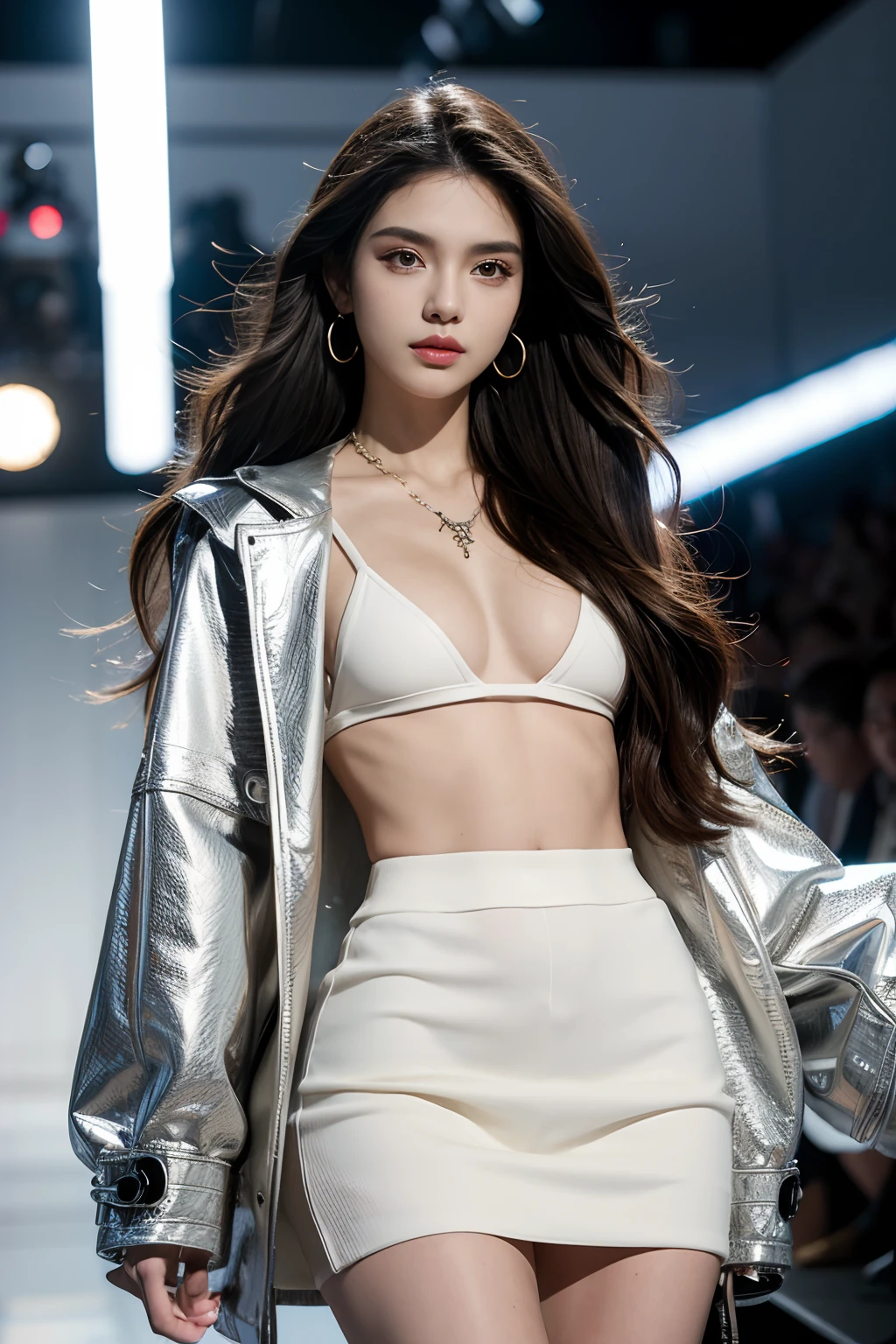 8k, highest quality, ultra details, hispanic girl, fashion model, runway, designer clothes, confidence, beauty.