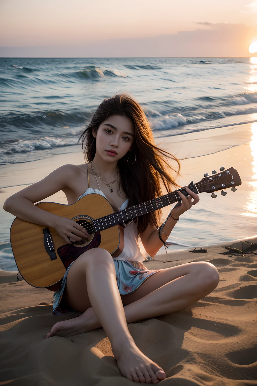 8k, highest quality, ultra details, hispanic girl, guitar, bohemian style, sunset beach, barefoot, carefree expression