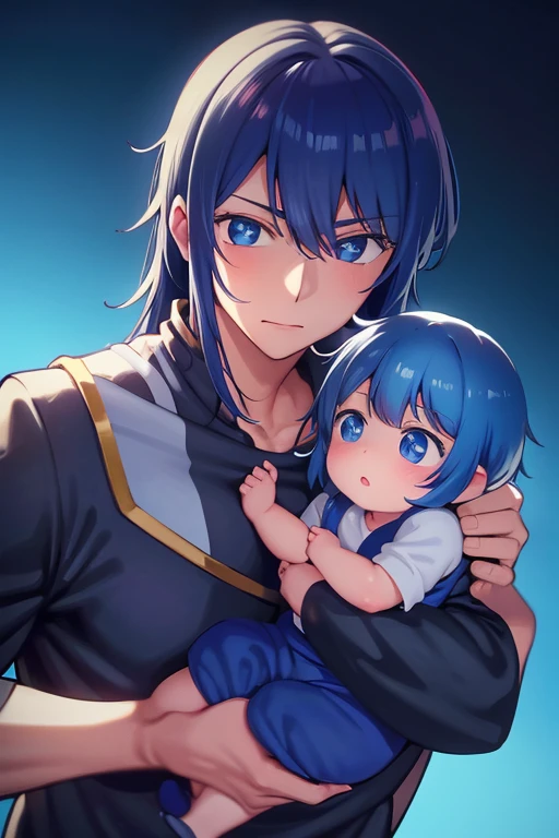 A blued haired muscular man with blue eyes is holding a blue haired baby with silver eyes.