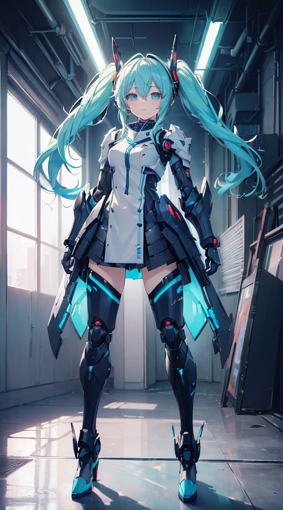 ((((masterpiece, high quality, very_high_resolution, anime colored, high quality)))) hatunemiku VOCALOID, twintail, turquoise hair, mecha, 1girl, cyberpunk, realistic, mechanical parts, robot joints, headgear, full armor, high heels, armor color{{{{white}}}},high quality,