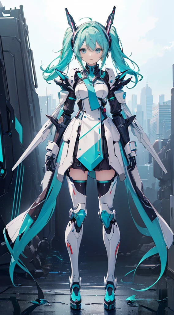 ((((masterpiece, high quality, very_high_resolution, anime colored, high quality)))) hatunemiku VOCALOID, twintail, turquoise hair, mecha, 1girl, cyberpunk, realistic, mechanical parts, robot joints, headgear, full armor, high heels, armor color{{{{white}}}},high quality,