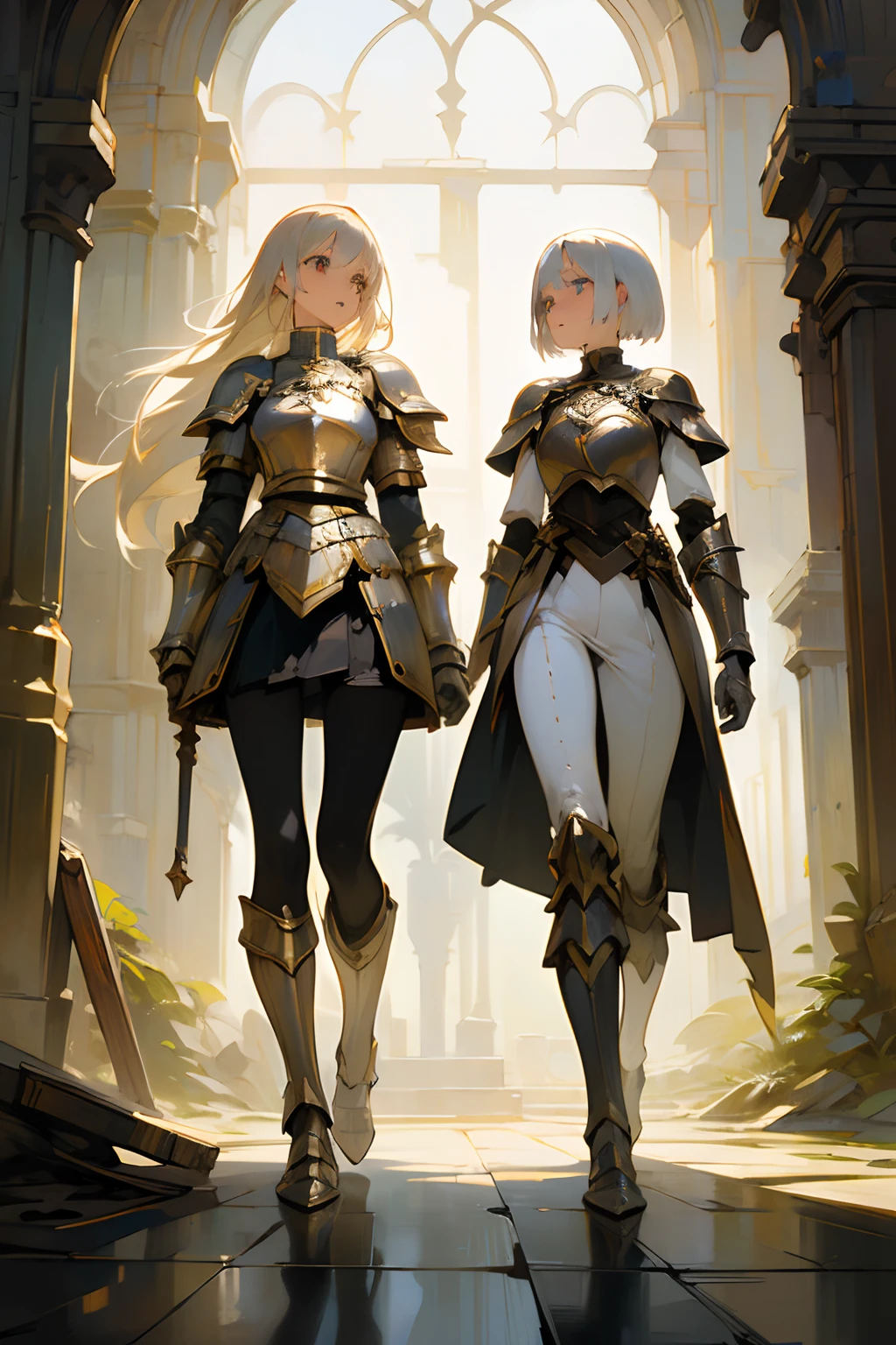 (((masterpiece))), (((best quality))), ((ultra-detailed)), (cinematic lighting), (illustration), (beautiful detailed eyes), (2girls), full body, space, knight, armour, light hair, skirt, walking, ruins, (masterpiece, 2girls A and B), best quality, expressive eyes, perfect face, Girl A: (blonde hair, long hair, wearing skirt, black pantyhose, white and gold armour), Girl B: (white hair, short hair, jumpsuit, silver armour),