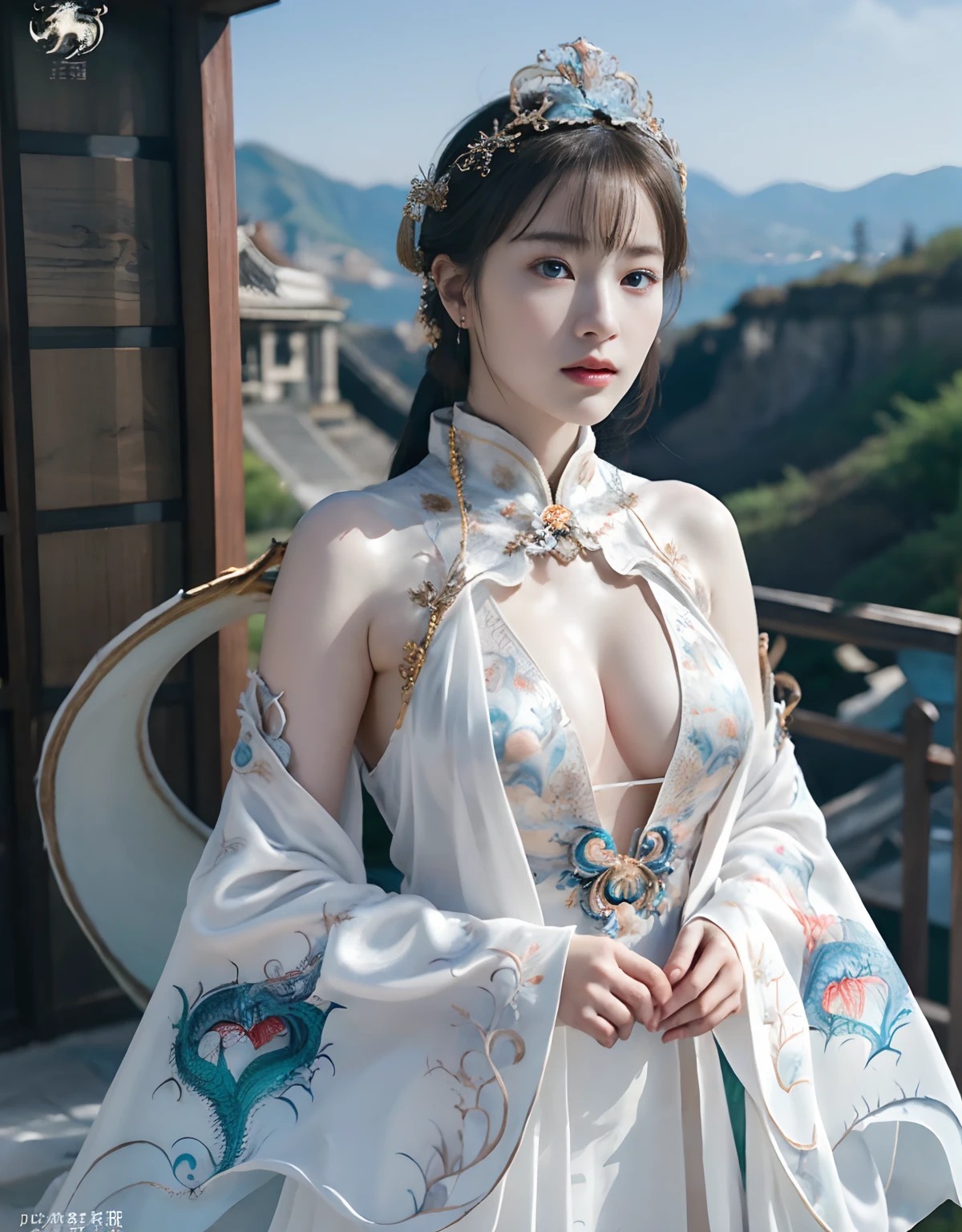top-quality、masterpiece、超A high resolution、(Photorealsitic:1.4)、Raw photo、1人、(((Chinese White Dragon Background))),(Armor with beautiful patterns in every detail)、(((heavy breasts))),glowy skin、(((Cliff background、Large mountain ranges、falls))))、(Random hair),(((Detailed Micro Bikini)))、(((Mystical expression))),(((glowy skin))),(Gorgeous blue rubber body))、((She has a beautiful floral ornament on her head)),((The white wings of an angel grow)),(Background of decaying dungeon ruins)、(Ultimate Beauty))、(Full Body Angle)、((super realistic details))、portlate),globalillumination、Shadow、octan render、8K、ultrasharp、Colossal tits、Raw skin is exposed in cleavage、Details of complex ornaments、Japan details、highly intricate detail、Realistic light、(Mystical expression),CGSoation Trends、Blue eyes、radiant eyes、Facing the camera)、Toostock、Ultimate Beauty、Detailed sword)、(((dragon background))),Precipitous cliffs、Amazing heavy breasts、