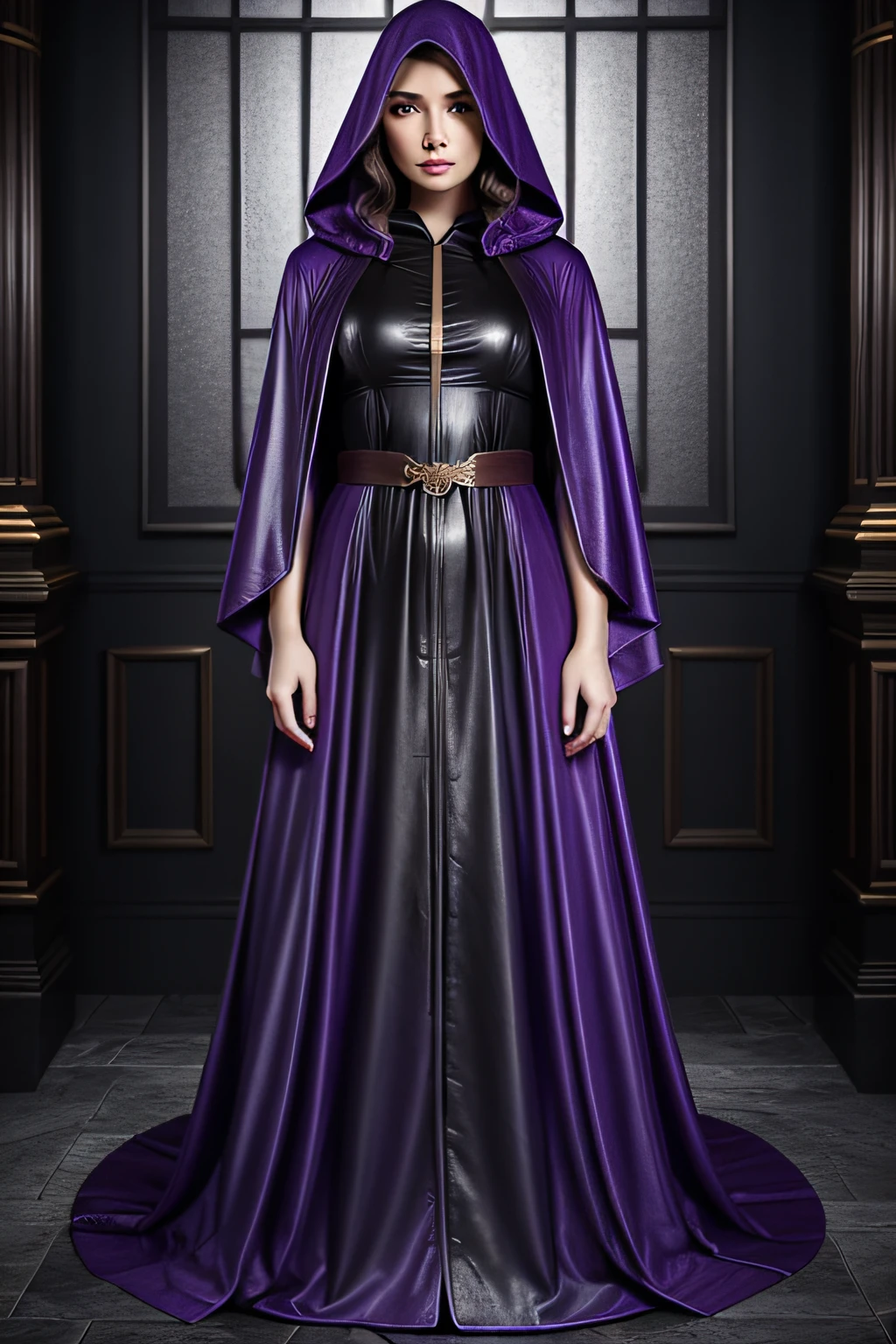 purple robe on a woman, in a purple cloak, in dark purple robes, full body purple cloak, purple robe and veil, maya ali as a cyber sorceress, saggy purple robes, fantasy robe, purple cloak, garbed in a purple gown, wearing a luxurious cloak, purple leather dungeon bedroom, dressed in cloak, amouranth as a super villain