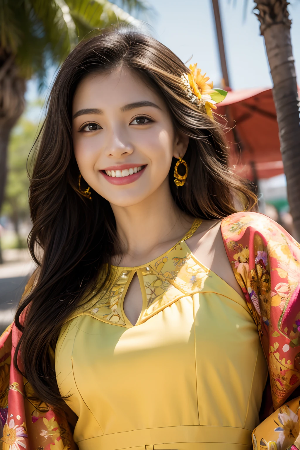 8k, highest quality, ultra details, hispanic girl, traditional dress, floral patterns, vibrant colors, sunny day, smiling