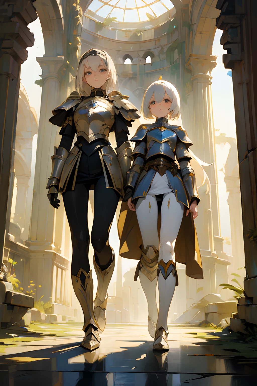 (((masterpiece))), (((best quality))), ((ultra-detailed)), (cinematic lighting), (illustration), (beautiful detailed eyes), (2girls), full body, space, knight, armour, light hair, skirt, walking, ruins, (masterpiece, 2girls A and B), best quality, expressive eyes, perfect face, Girl A: (blonde hair, long hair, wearing skirt, black pantyhose, white and gold armour), Girl B: (white hair, short hair, jumpsuit, silver armour),