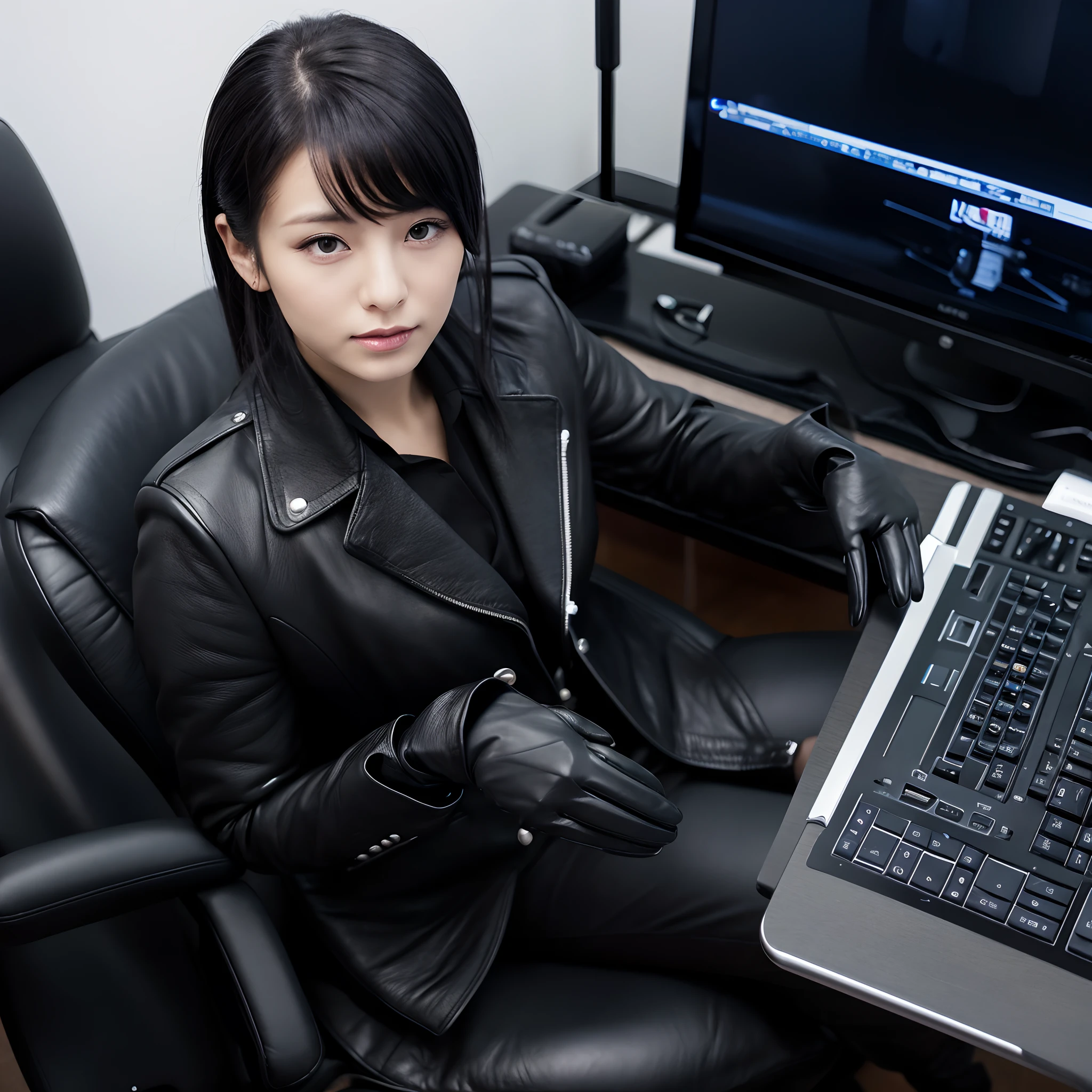 Wearing black leather gloves on both hands, Upper body: Wearing a black business suit, Facing the desk in my room with a computer in the dark, Tapping the keys on the computer keyboard with the fingertips of black leather gloves while looking at the screen,Sitting on a large chair with a black leather backrest、 Black hair was tied back for a long time, Japan Female New Employees (Black leather gloves cover both hands) (The angle is frontal)