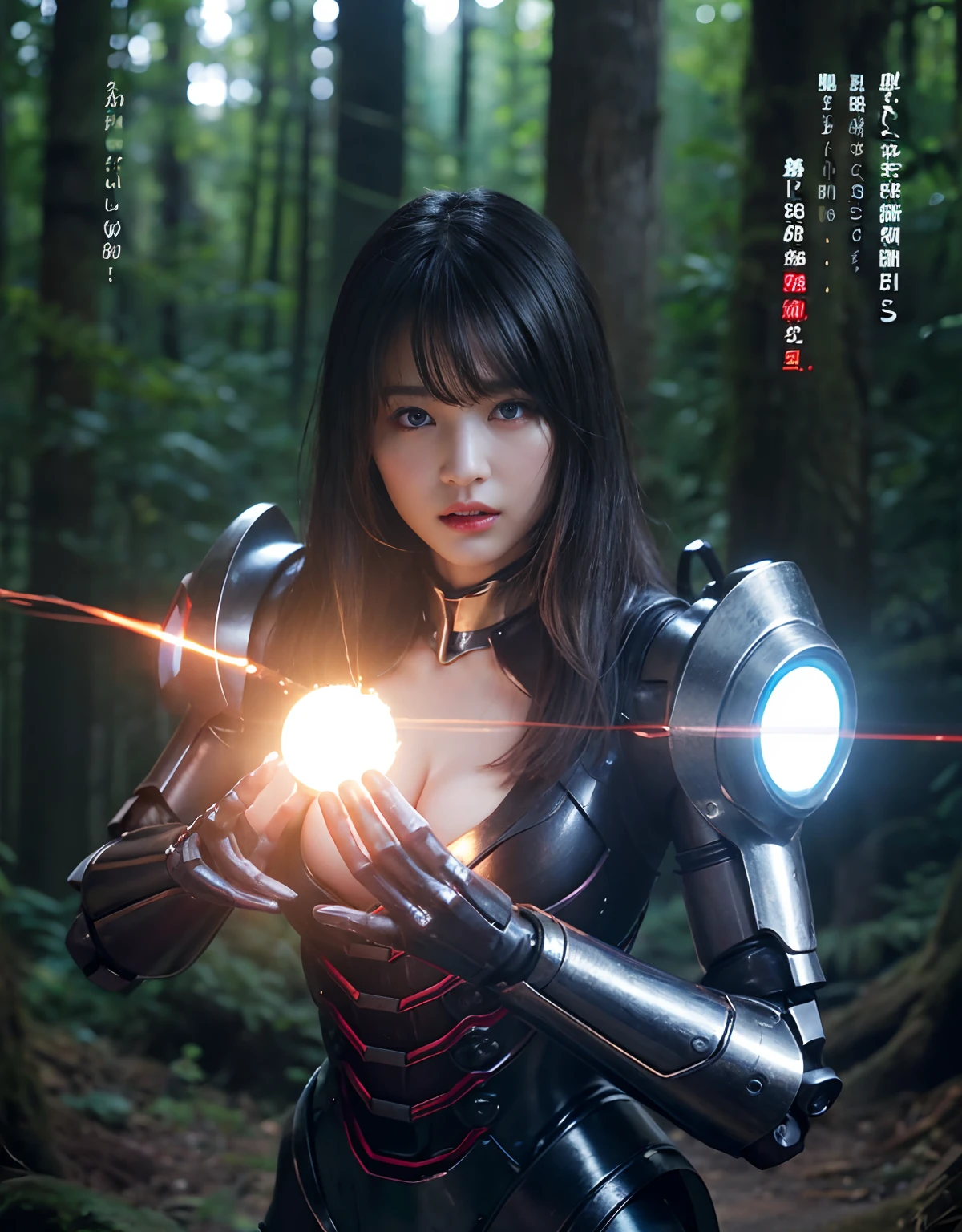 (1 Mechanical Girl)、top-quality、masterpiece、超A high resolution、(Photorealsitic:1.4)、Raw photo、1人、Fight mutants、glowy skin、(((1 Mechanical Girl)))、With a beautiful knife、(Red Metal Bodysuit)、(Fight goblings、ogre、Fierce battle with orcs),(Fight fiercely against aliens)、Fight fiercely、(beautiful forest background)、(Fighting Demonic Beasts)、(Small LED)、((super realistic details))、portlate、(Strong giant demon beast background),globalillumination、Shadow、octan render、8K、ultrasharp、Colossal tits、Raw skin is exposed in cleavage、metals、Details of complex ornaments、Japan details、highly intricate detail、Realistic light、(Mystical expression),CGSoation Trends、Blue eyes、radiant eyes、Facing the camera、neon details、(Mechanical limbs)、(blood vessels connected to tubes)、(Wires and cables connecting to the head)、Small LED、,Mechanical thighs、Toostock、(Hands are also made of machines)、(Attack of the Monster Beasts)、