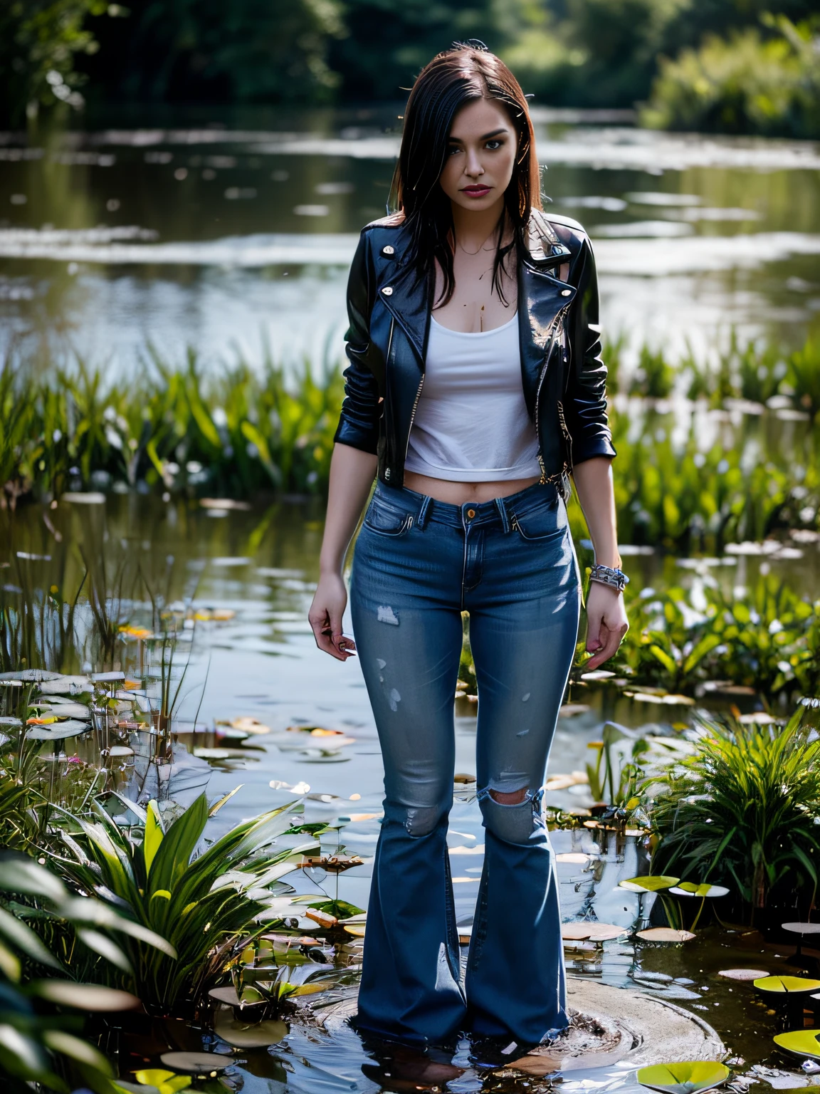 Morally Fallen Mature Woman, In top and jeans, standing in water, painting by Misha Klein, featured on cgsociety, fine art photography, Stylish photo shoot "Wetlook", photo of slim girl model, ultra-skinny flared jeans, (Wide flares on jeans:1.1), Fragile girl, leather jacket, (Drowning in a pond:1.4), in a pond, natural lighting