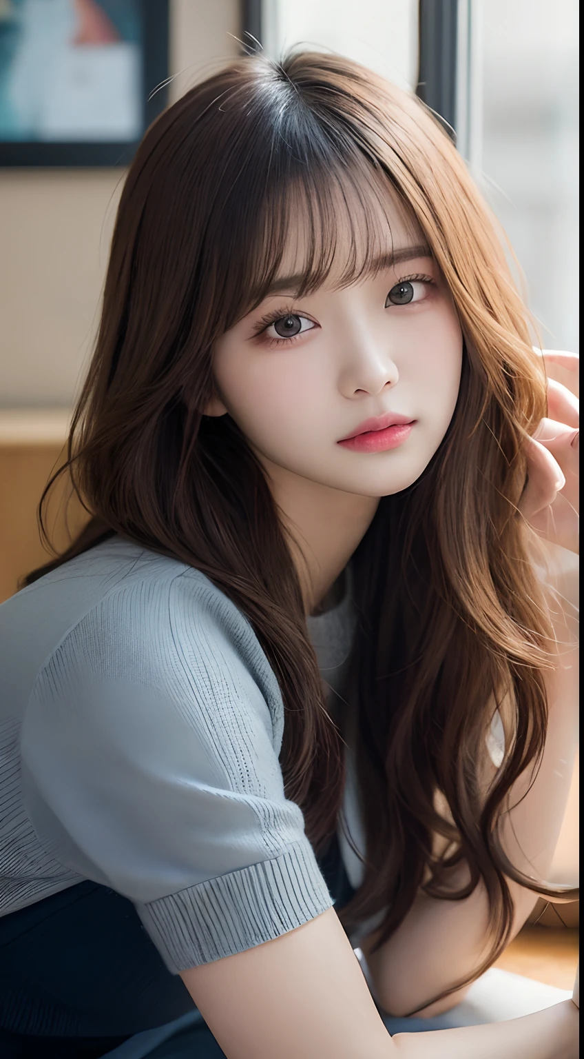 masutepiece, Best Quality, Illustration, Ultra-detailed, finely detail, hight resolution, 8K Wallpaper, Perfect dynamic composition, Beautiful detailed eyes, Oversized knitted sweater(navy)And long skirts,Medium Hair,Small breasts natural color lip, Bold sexy poses、20 years girl、Cute、Sexy shot looking at camera,Close-up of your face,KPOP Idol Face