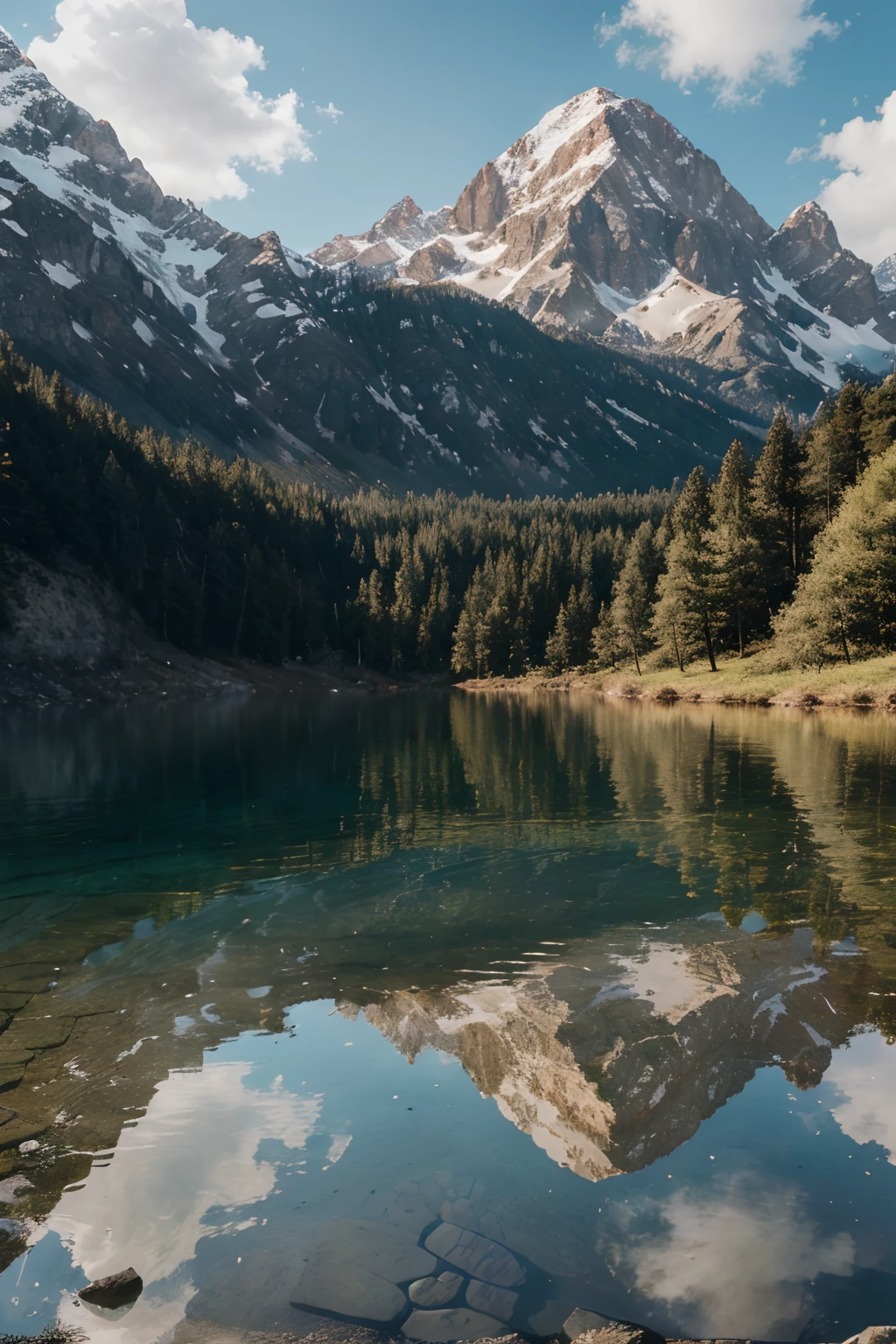 Photo of the landscape of a mountain lake,
clear water,
Very detailed, photo-realistic, Ultra-realistic photo, 8k, UHD, DLSR, soft-lighting, reflection, DLSR, hiquality, film grains, Fujifilm XT3, (tmasterpiece, panoramic),