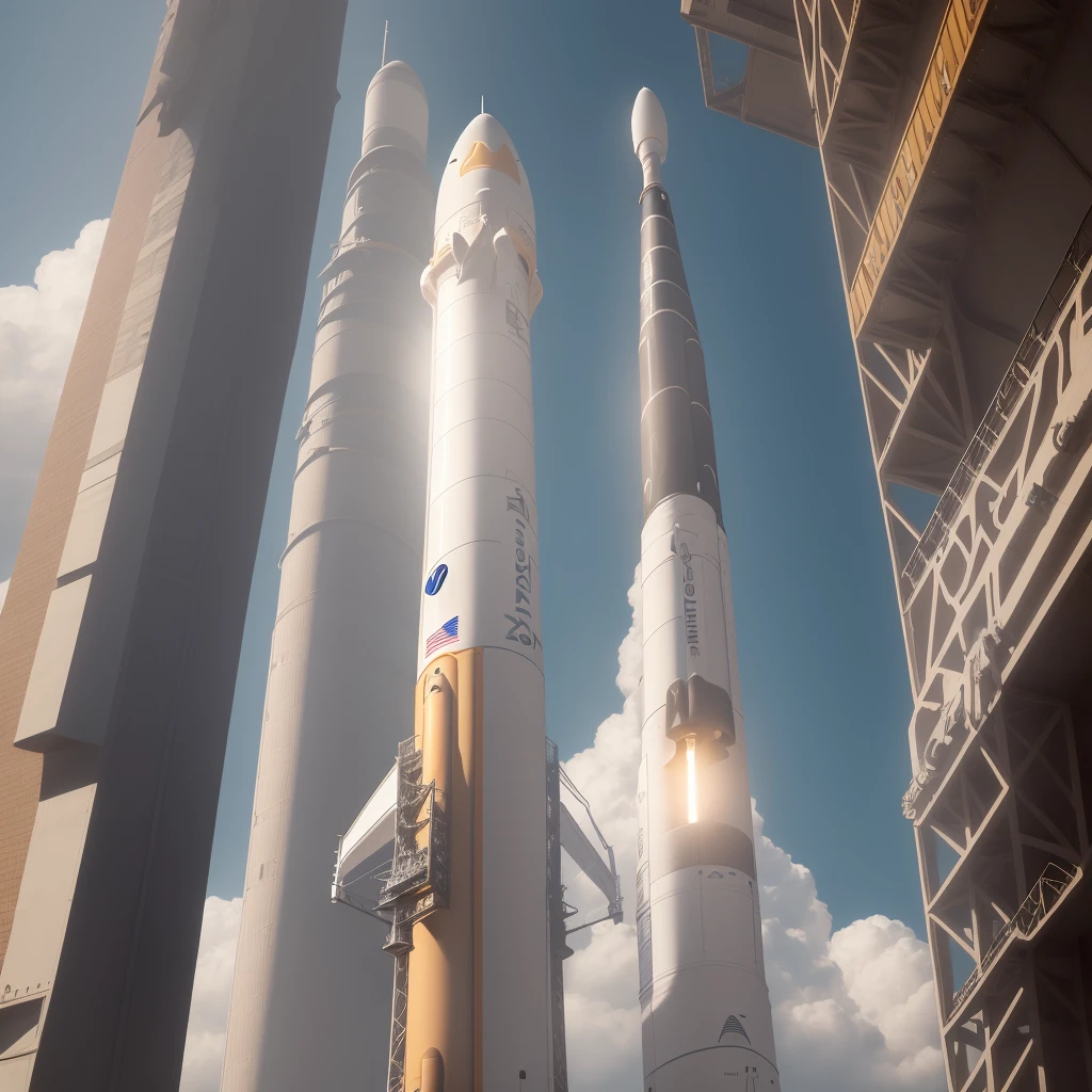 Generate images of a reusable booster rocket, at the top of the rocket have a separated section that has two affordable, enclosed cylinder rotor blades that folds in and out when landing, at the bottom of the rocket have a section for set of landing legs that are incorporated into a thin light structure that project downward when the rocket is landing, 4K, 8k, high resolution image, warming colors, reusable rocket, reusable rocket landing, SpaceX falcon 9 clone rocket, detailed rocket, missile shape like rocket,