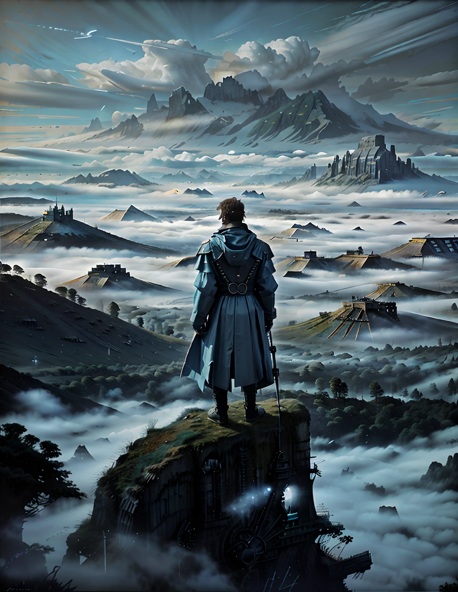 Alien planet , cyber punk style，The picture is mainly powder blue，A painting of a man standing on a hill looking at a misty valley, wanderer above the sea of fog, Inspired by Caspar David Friedrich, a wanderer on a mountain, David Friedrich, Arthur David Friedrich, author：Caspar David Friedrich, romanticism painting, Inspired by Friedrich Ritter von Friedland-Malheim, Caspar Friedrich