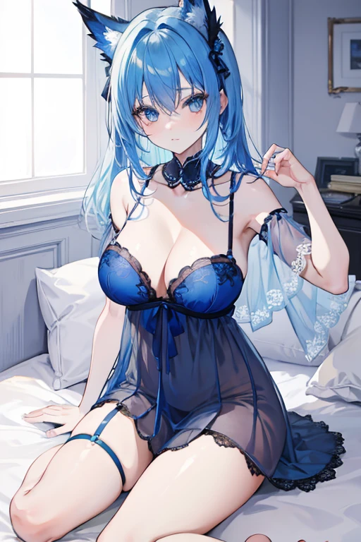 A blue haired woman with blue eyes is posing in a lacy number on a bed