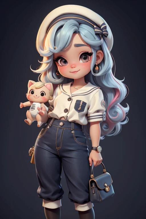 Create a series of cute black baby chibi style black dolls with a cute sailor theme, each with lots of detail and in an 8K resolution. All dolls should follow the same solid background pattern and be complete in the image, mostrando o (corpo inteiro, incluindo as pernas: 1.5)
Boneca Mini marinheiro: Chame-a de Marina. Ela deve ter cabelo pequeno em tom multicolorido. Seus olhos devem ser grandes e expressivos, with long eyelashes and rosy cheeks. Sorriso delicado e branco. Marina deve estar vestida com uma camisa, Camiseta, trousers and an ornate sailor's hat. She must hold navigation accessories. Certifique-se de adicionar detalhes nas roupas, such as buttons and pockets, sapato bonito
Certifique-se de adicionar sombras, texturas e detalhes nos cabelos, roupas, Safari utensils, to make them even more adorable and charming.