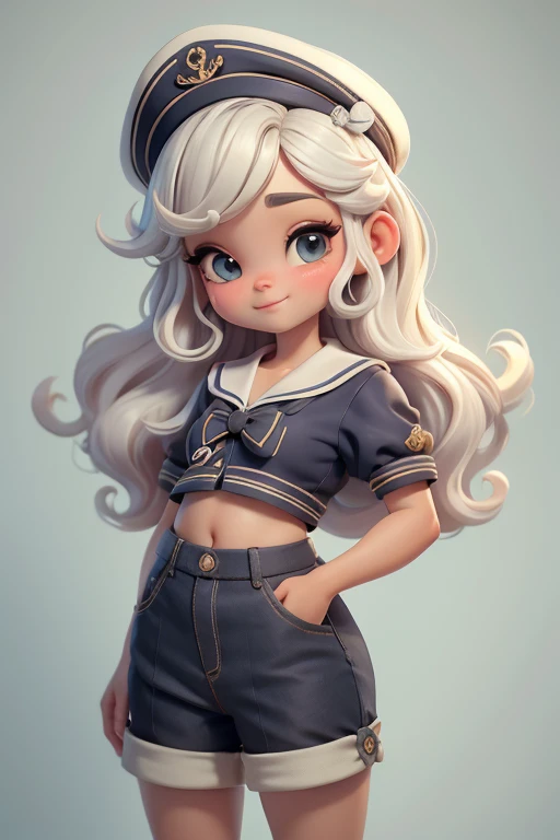 Create a series of cute black baby chibi style black dolls with a cute sailor theme, each with lots of detail and in an 8K resolution. All dolls should follow the same solid background pattern and be complete in the image, mostrando o (corpo inteiro, incluindo as pernas: 1.5)

Boneca Mini marinheiro: Chame-a de Marina. Ela deve ter cabelo pequeno em tom multicolorido. Seus olhos devem ser grandes e expressivos, with long eyelashes and rosy cheeks. Sorriso delicado e branco. Marina deve estar vestida com uma camisa, Camiseta, trousers and an ornate sailor's hat. She must hold navigation accessories. Certifique-se de adicionar detalhes nas roupas, such as buttons and pockets, sapato bonito

Certifique-se de adicionar sombras, texturas e detalhes nos cabelos, roupas, Safari utensils, to make them even more adorable and charming.