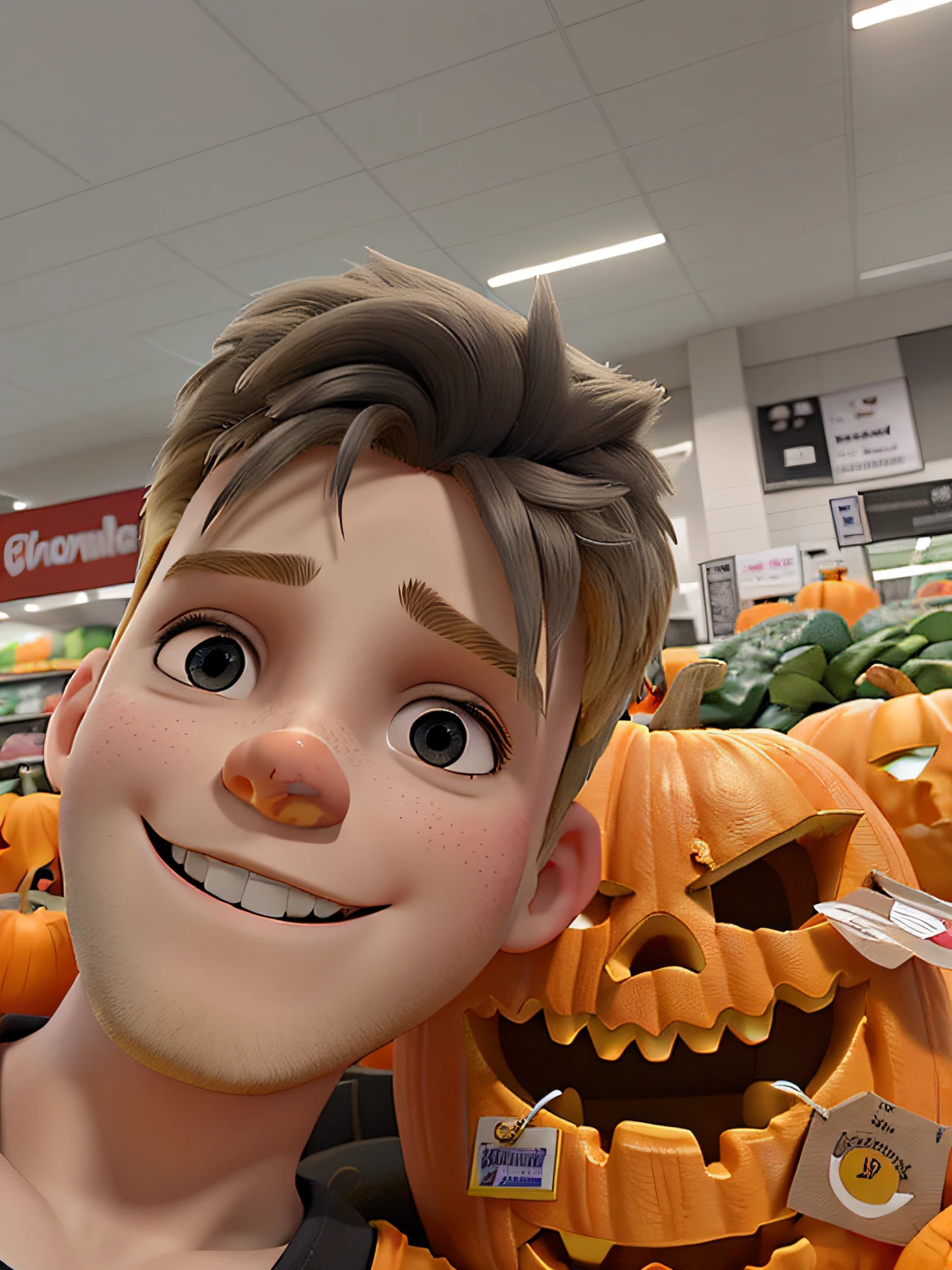 A blond  with black eyes, sorindo, ao lado de uma abobora de halloween. ambiente de supermercado ao fundo