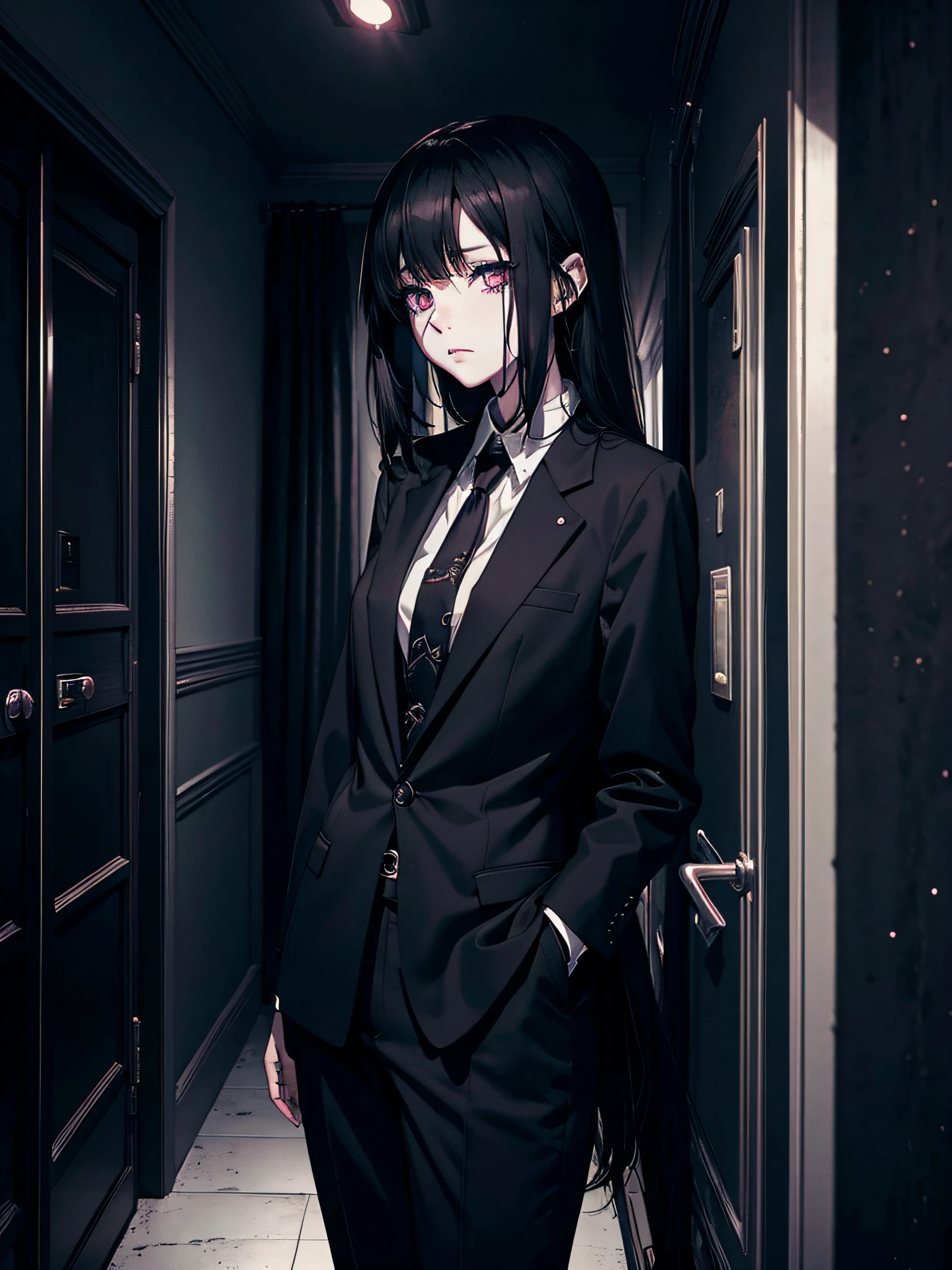 cosmic horror, horror art, masterpiece, dark anime alien girl, grey alien skin, gloomy anime alien girl in closed good clothes, formal clothes, dark apartament room