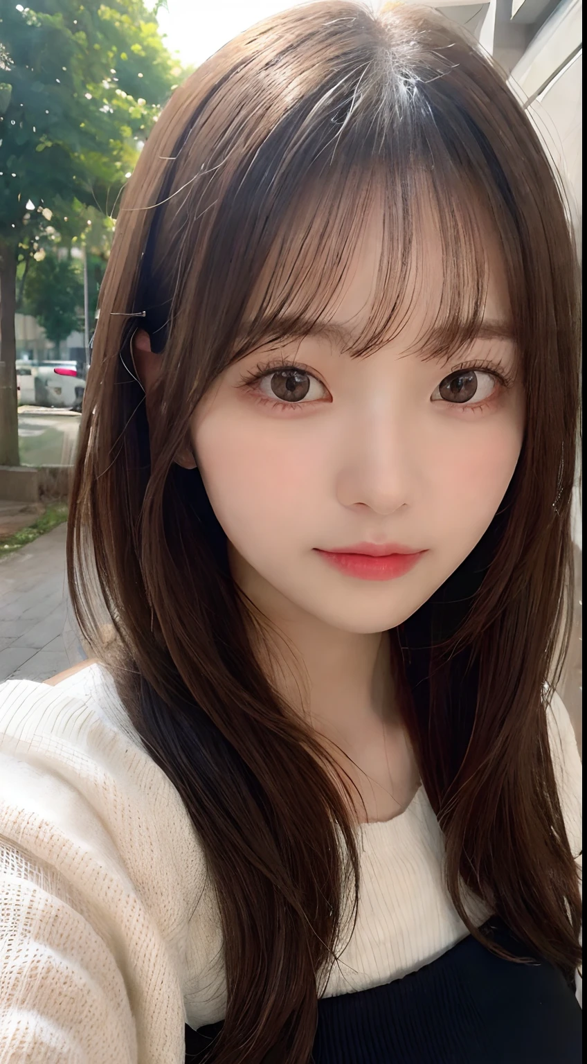 masutepiece, Best Quality, Illustration, Ultra-detailed, finely detail, hight resolution, 8K Wallpaper, Perfect dynamic composition, Beautiful detailed eyes, Oversized knitted sweater(A black)And long skirts,Medium Hair,Small breasts natural color lip, Bold sexy poses、20 years girl、Cute、Sexy shot looking at camera,Close-up of your face,KPOP Idol Face,Cute
