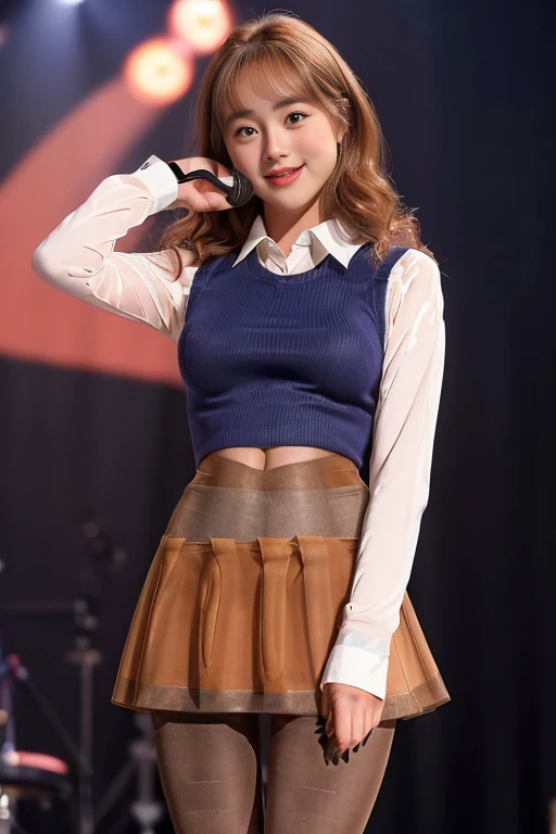 ((She wears flesh-colored pantyhose:1.5))large full breasts、Slimed、de pele branca、from the rear、Smiling Japan model、Young Sensual Gravure Idol、Young cute gravure idol、Realistic Young Gravure Idol、Realistic sensual gravure idol、Young gravure idols、sophisticated gravure idol、奈良美智、Young skinny((One woman in one image))(((Panties that change color to image object)))((Never take off your underwear or skirt:1.5))((best qualtiy, in 8K, tmasterpiece:1.3)), Beautiful single woman with perfect figure:1.4, Slim abs:1.2, ((Wavy medium hairstyles, huge udder:1.2)), Changing the outfit of the idol:1.5(Live stage of a 25-year-old idol singer:1.4),((There is only one microphone in the hand:1.5))(((When singing in skirts on stage、I see a little panties:1.5))),Highly detailed facial and skin texture,A detailed eye,二重まぶた,A sideways glance at the camera,open-shirt,Sweet smile,(Gorgeous and luxurious stage)((Skirt is a long skirt))((1-person stage))((The background is an outdoor live venue band))((The skirt is not shortened from the middle:1.5))