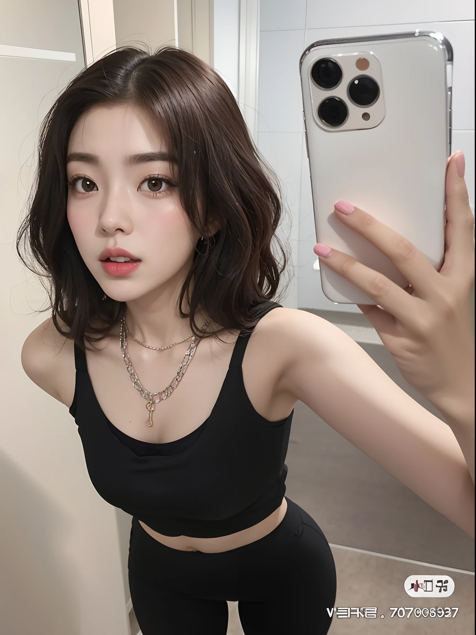 a close up of a person taking a selfie in a mirror, wearing a black cropped tank top, she is wearing a black tank top, wearing a cropped black tank top, ulzzang, dilraba dilmurat, gorgeous young korean woman, black top, with short hair, korean girl, 8k selfie photograph, anime girl in real life